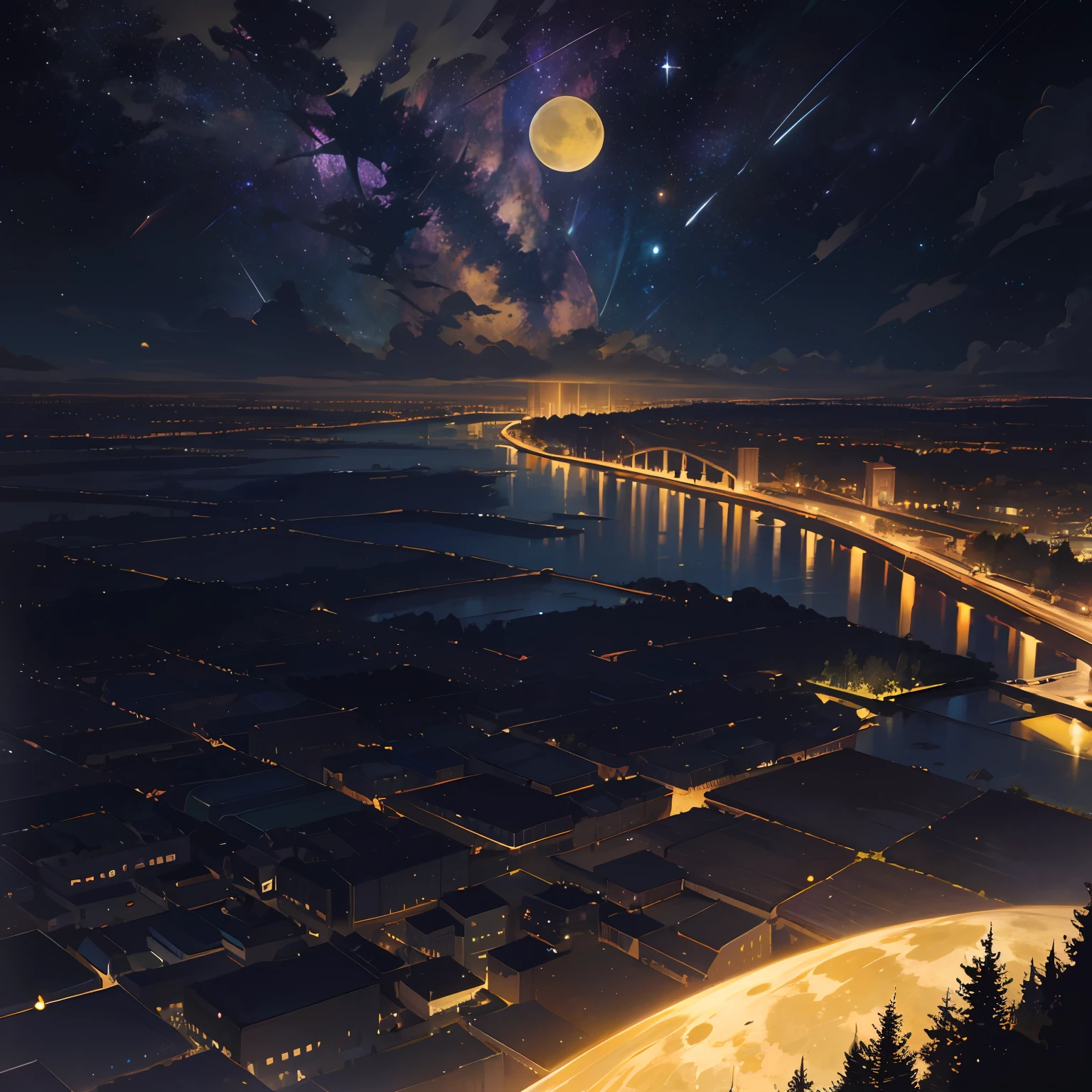highres, imagination, (realistic), night skies, composition, (hdr:1.5), outdoors, intricate details, yellow moon with starry sky