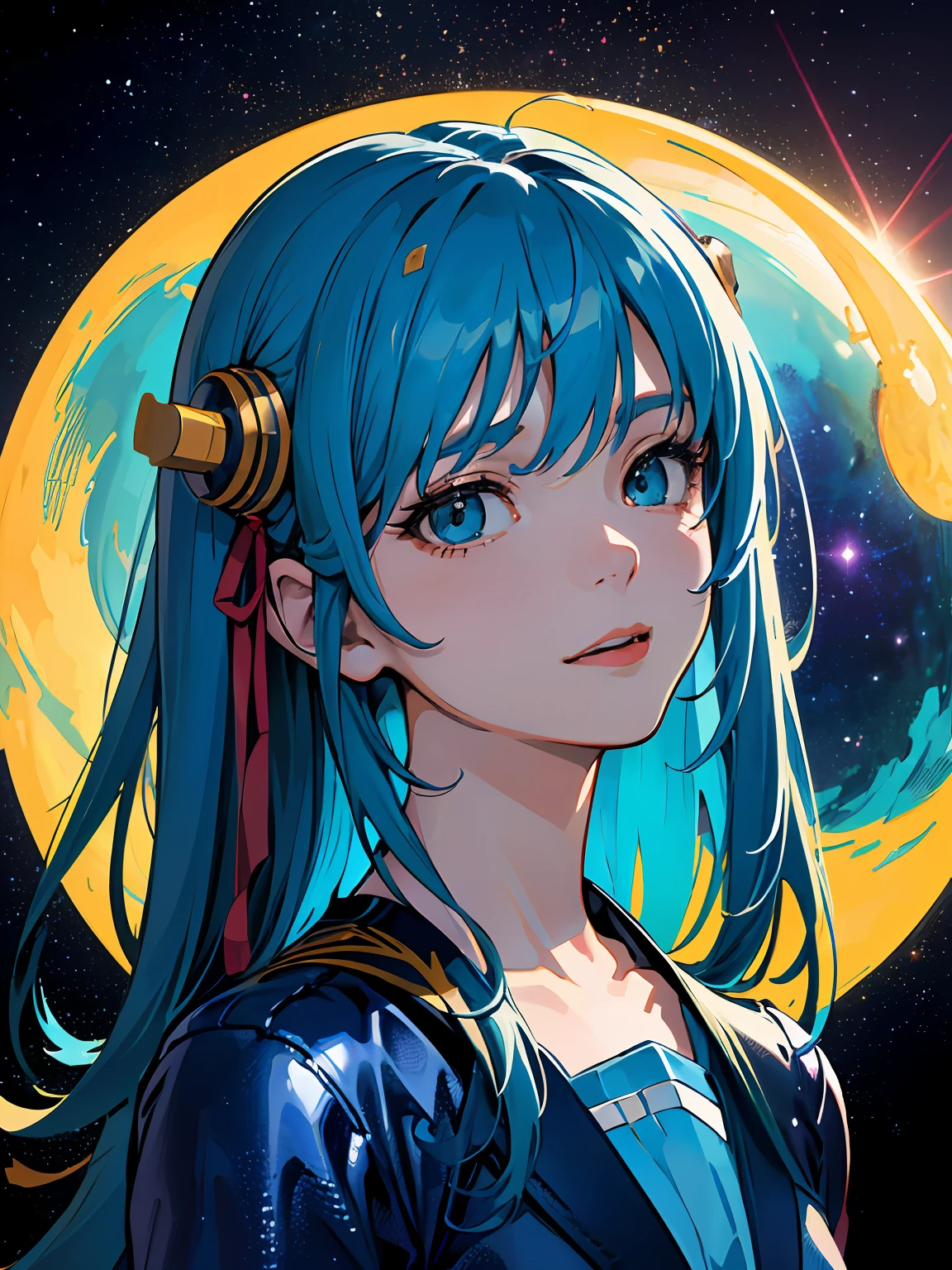 serene expression, mesmerizing eyes, vibrant colors, reflection, painterly effect, ultra detailed, official art, unity 8k wallpaper, masterpiece, (best quality:1.2), high quality, (((photoreal)), cinematic direction, (high contrast), depth of field, (award-winning difference photo), face detail, detailed drawing, ((high quality)), ((masterpiece)), 8k, light rays, extremely detailed CG unity 8k wallpaper, Extremely high quality detailed close-up picture of suzumiya haruhi, Looks happy and amazed, focuses on her upper body. She is in a realistic detailed and highest quality astronaut helmet and astronaut suit. standing on the moon. A realistic detailed and highest quality earth reflection is on her helmet. Detailed highest quality realistic hand. Extremely Detailed highest quality suzumiya haruhi's face, excitement, happiness, amazement. Enhanced quality. nebula, cosmos.