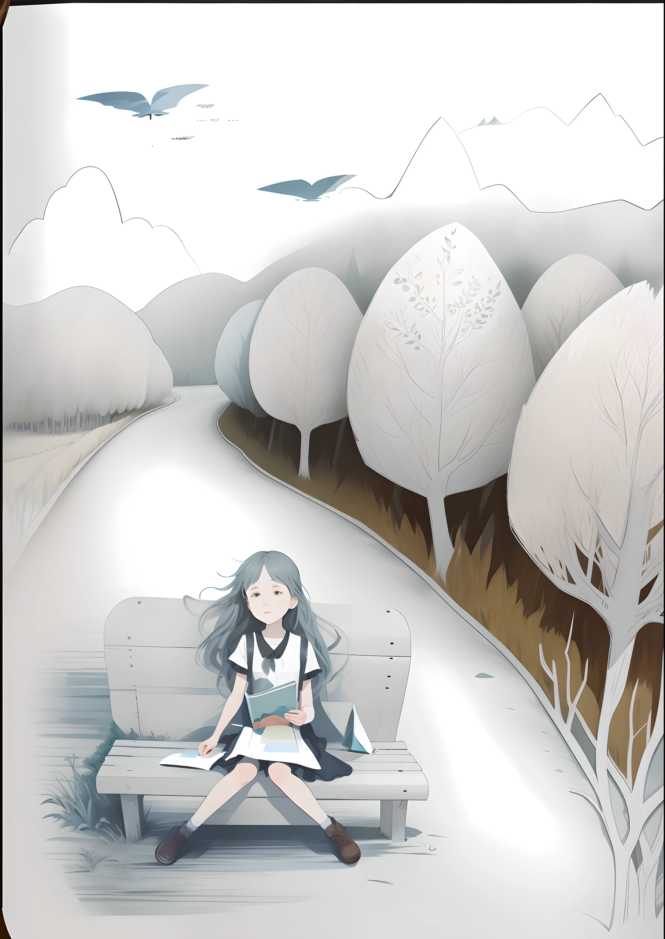 There is a painting in the woods,One girl is sitting on a bench, serene illustration, Official illustration, full page illustration, dreamlike illustration, Desolate. Digital illustration, portfolio illustration, Concept illustration, full page illustration, art concept for a book cover, sketch of a lucid dream, animated still, Detailed fanart, sitting in the forrest, A beautiful artwork illustration
