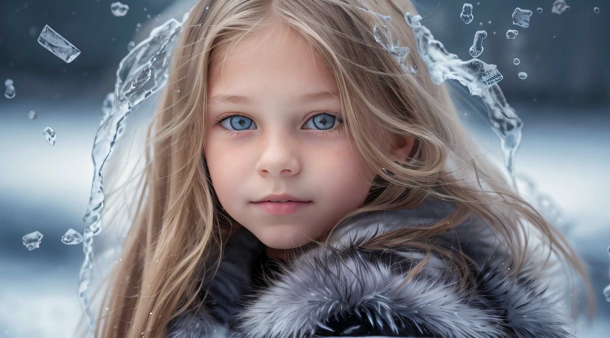 10 year old girl Russian child with long hair BLONDE, PORTRAIT, BLACK FUR COAT, ICE, ICE, LOTS OF ICE,