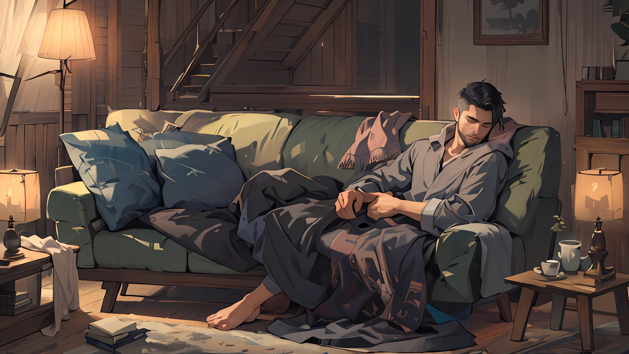 "A man peacefully sleeping on a sofa by the window, wrapped in a cozy blanket, as the soft light of dawn illuminates the room. The tranquil atmosphere carries a hint of fantasy. making this masterpiece a best quality creation.