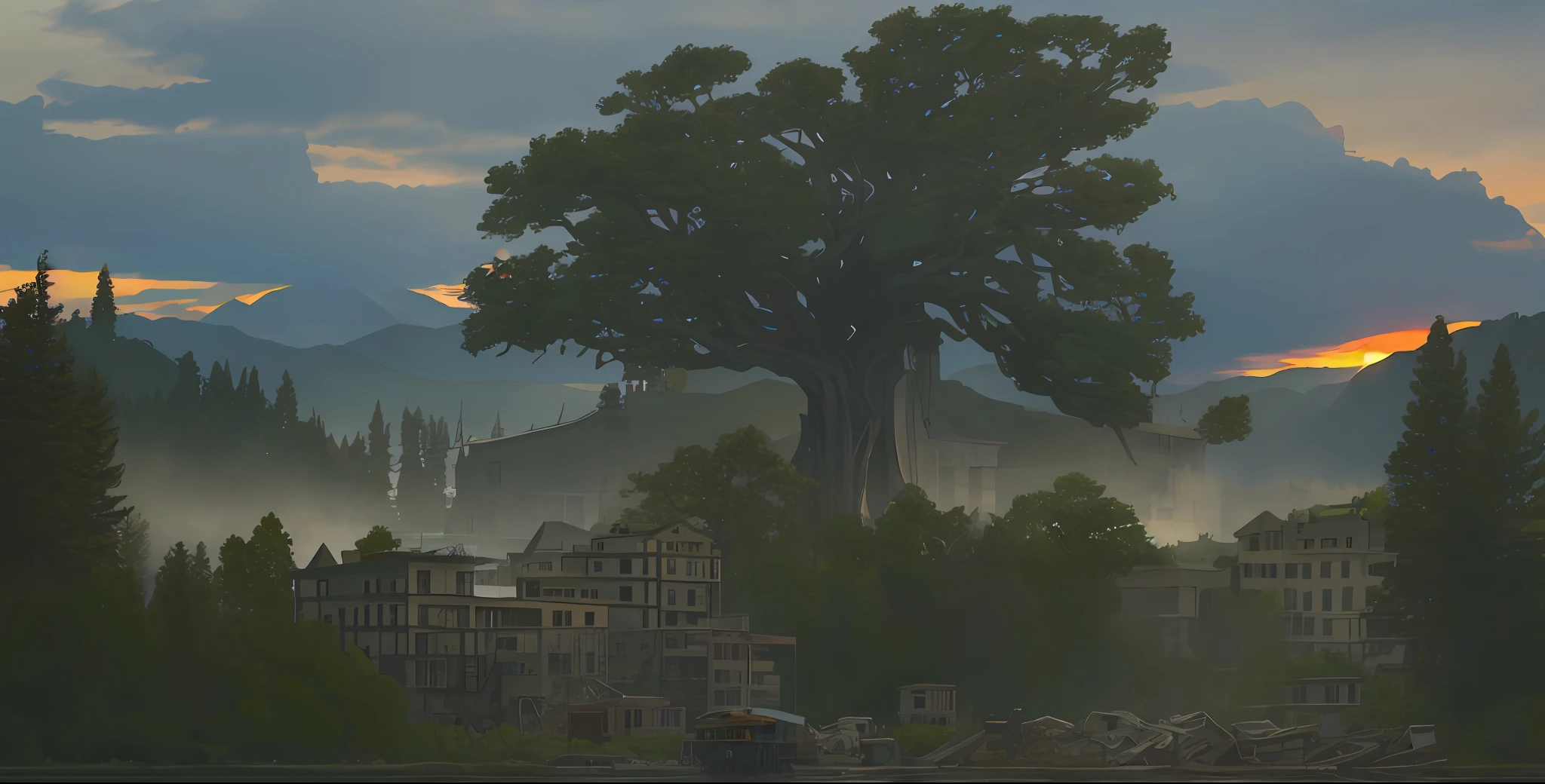 There's big tree on the island which's in the center of the lake, background are mountains, on either riverbanks there're machinery busy demolishing old buildings, evening,dusky, weird atmosphere,