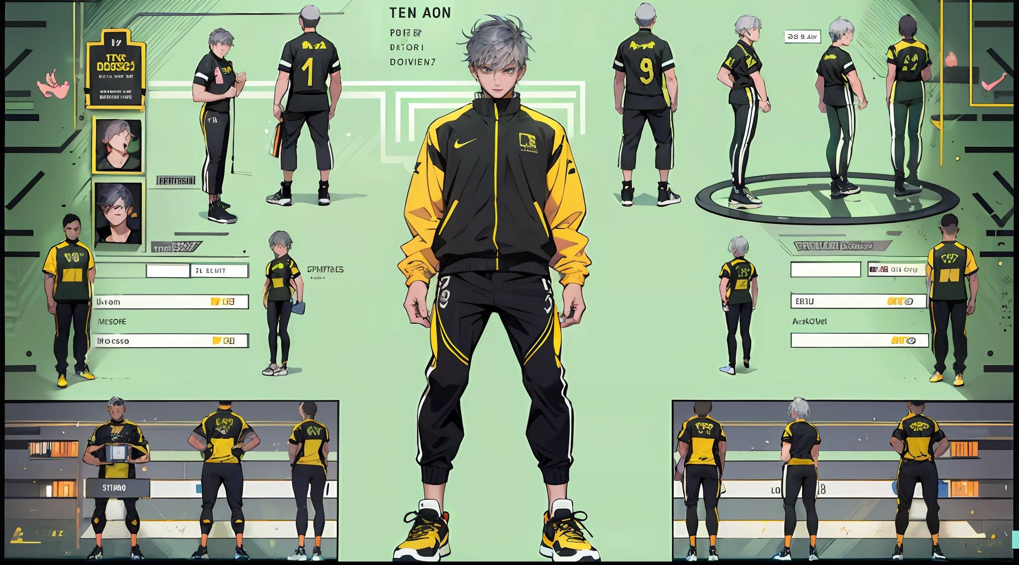 Best quality,tmasterpiece,Ultra-high resolution fills the picture,A gym with a black and yellow color scheme,Night indoor black and yellow background color scheme,Neon lights,Sports trends,A male,A muscle,Toned body,heartthrob,Black sportswear,Liquid color matching clothing,the complex background,Weight instruments in the background,High-tech screen in the background,Sports equipment,Lateral face,A smug smile,Dress less,There are fitness elements in the rear,Nike brand,Tech gym,Perfect face,8K quality,Cyberpunk,sense of science and technology,Character backlighting,rim-light,Movement changes,short hair style,Loose hairstyle,Silver hair,The number of fingers is refined,Wear an electronic digital watch,Sports headphones,The most handsome boy in mankind,Dye hair,Delicate close-up of the face,Realistic image quality,Super light and shadow,Very good figure,English slogan neon,Runway lights,The brand name is(SONEAR FIT),Handsome boy,20yr old,Handsome,7 doppelganger entry