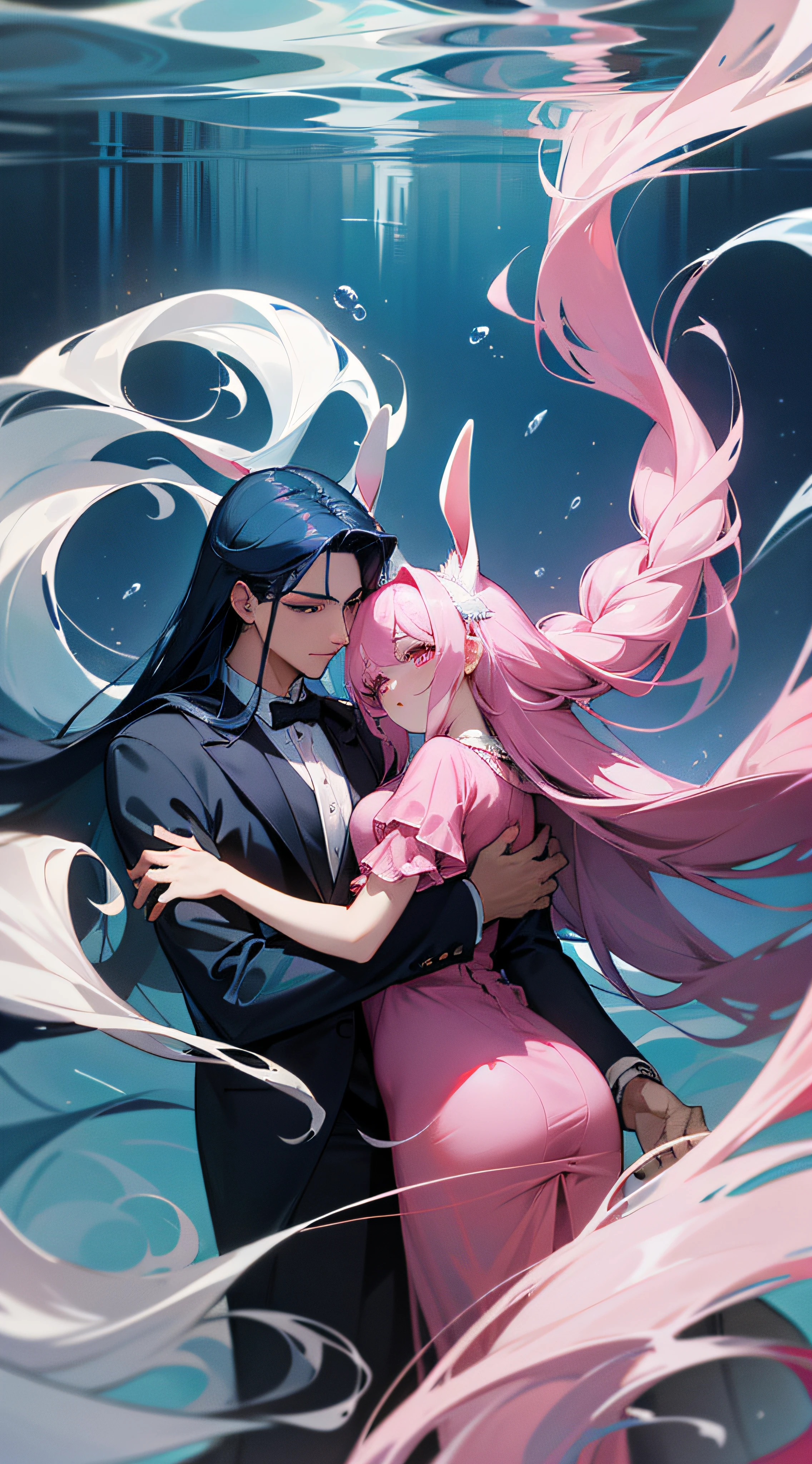 It was a woman in a long pink dress,A pair of rabbit ears,Long hair combed into long scorpion braids,Hold the man's arm。The man's gorgeous blue robe seemed to have ripples of water,If you look closely,The eyes will be immediately attracted to the dark blue color,Even the whole soul will be sucked into the depths of the sea、In the endless blue。 He looked to be in his twenties, But his handsome face had deep eyes