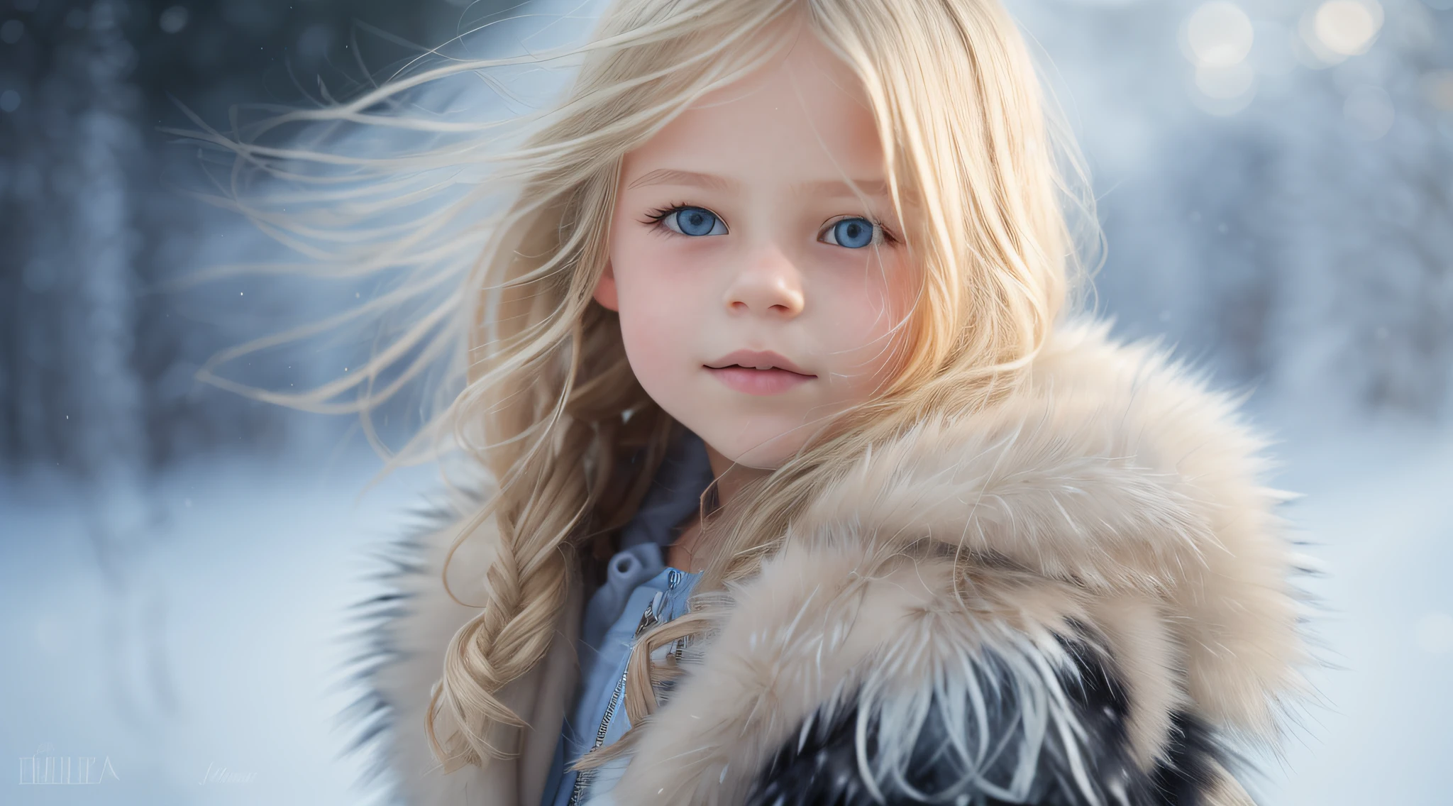 10 year old girl Russian child with long hair BLONDE, PORTRAIT, BLACK FUR COAT, ICE, ICE, LOTS OF ICE,