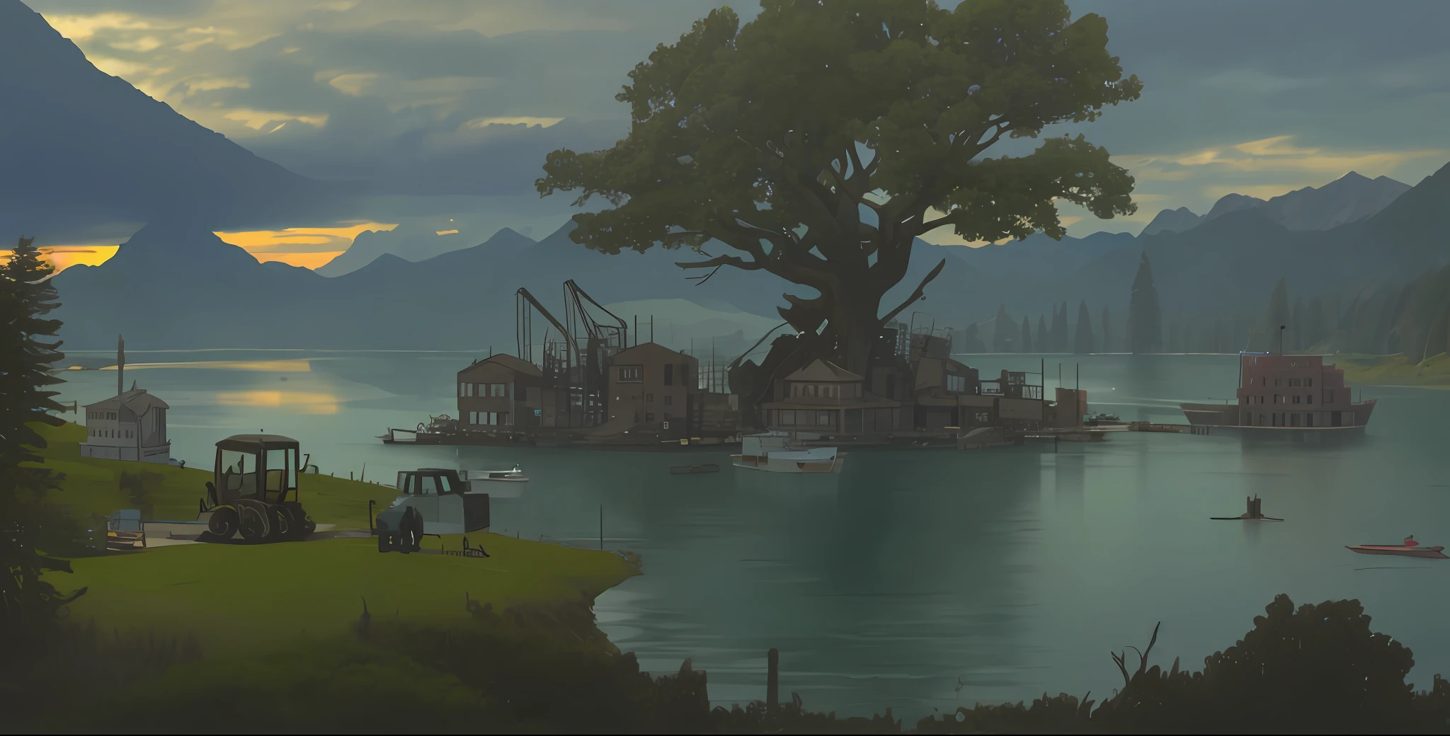 There's big tree on the island which's in the center of the lake, background are mountains, on either riverbanks there're machinery busy demolishing old buildings, evening,dusky, weird atmosphere,