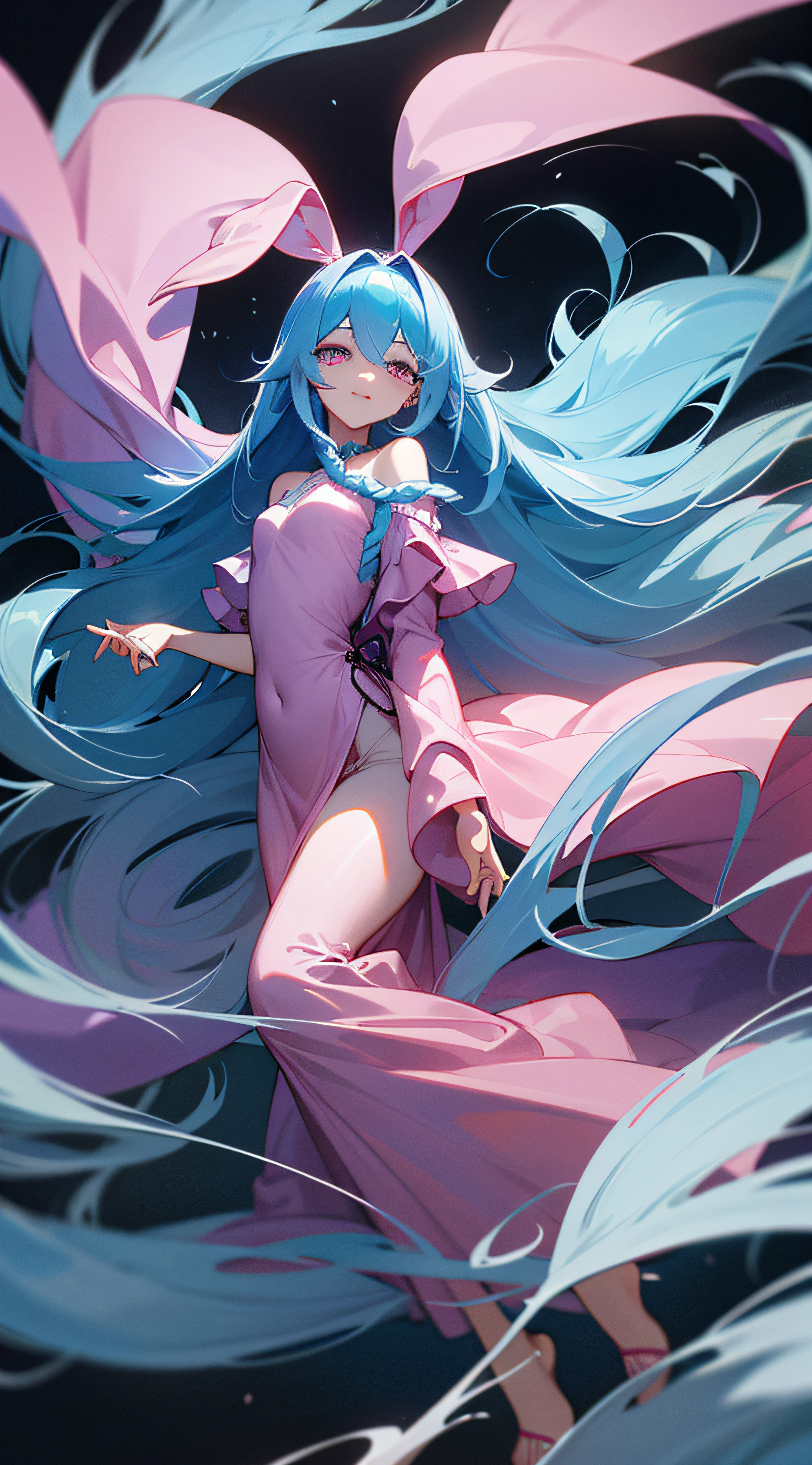 It was a woman in a long pink dress,A pair of rabbit ears,Long hair combed into long scorpion braids,Hang down gently, You can see her delicate and slender white neck,Long skirt with a nipped-in waist,Perfectly outlined her charming figure。She had a faint smile on her beautiful face and her long blue hair,The gorgeous blue robe seems to have ripples of water,If you look closely,The eyes will be immediately attracted to the dark blue,Even the whole soul will be sucked into the depths of the sea、In the endless blue。 The arm of a man who looks about twenty years old