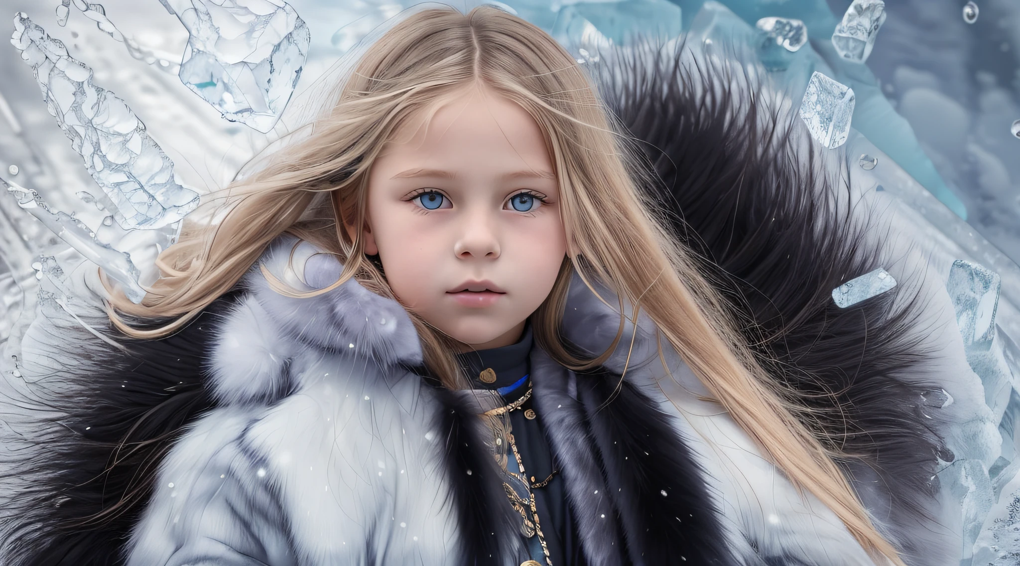 girl Russian child with hair BLONDE, PORTRAIT, BLACK FUR COAT, ICE, ICE, LOTS OF ICE,