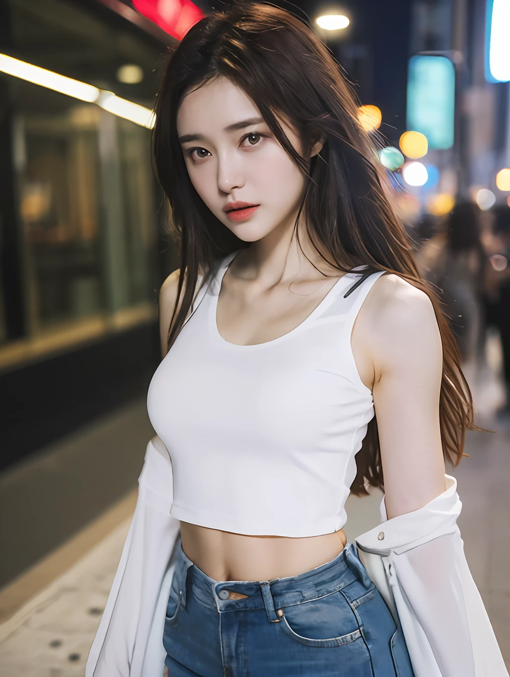 ((Realistic lighting, Best quality, 8K, Masterpiece: 1.3)), Clear focus: 1.2, 1girl, Perfect Figure: 1.4, Slim Abs: 1.1, ((Dark brown hair)), (White crop top: 1.4), (Outdoor, Night: 1.1), City streets, Super fine face, Fine eyes, Double eyelids,