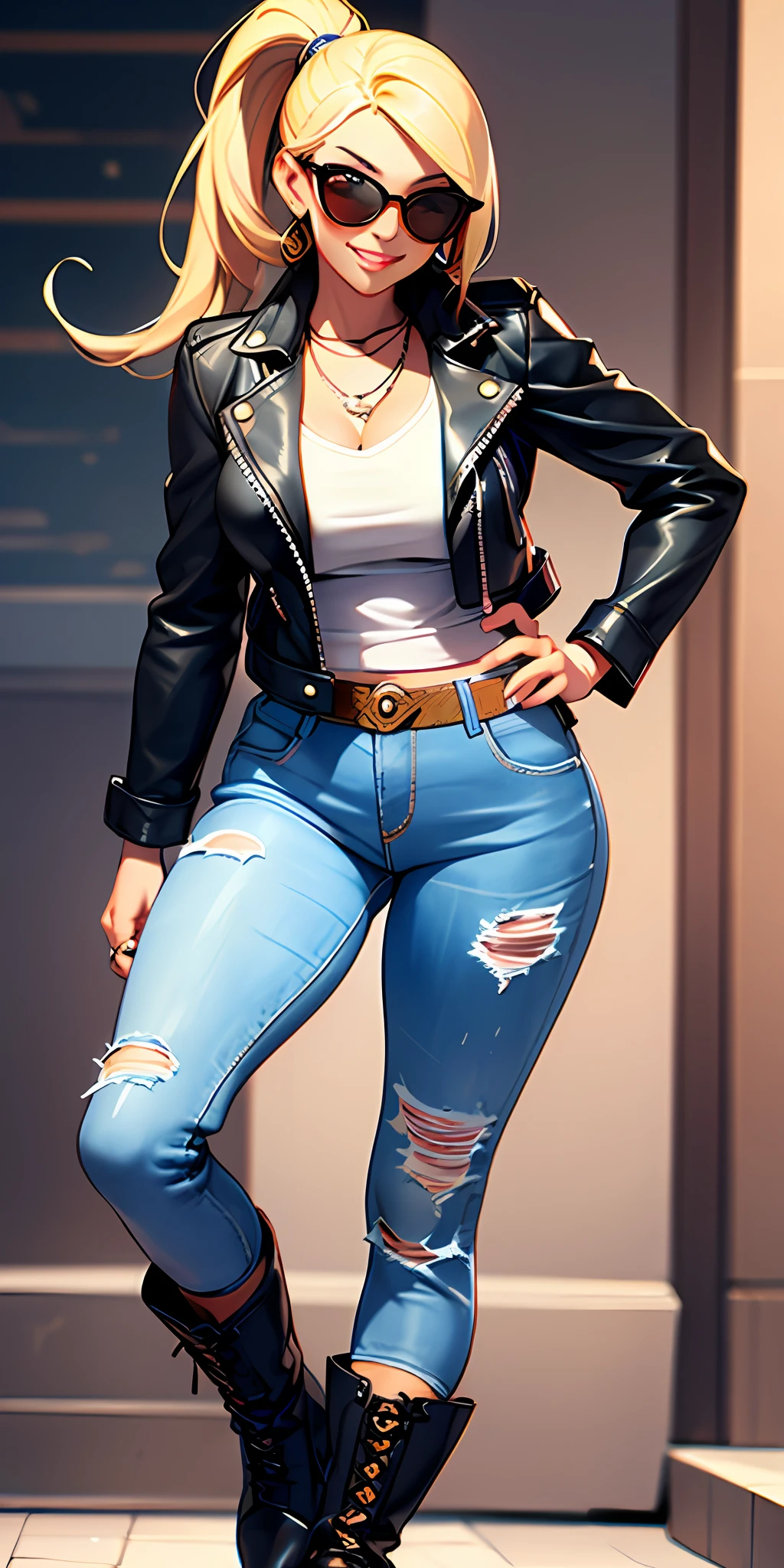 (masterpiece, best quality),1girl, leather biker jacket, blonde hair in a ponytail, jeans, sunglasses, large breasts, boots,smile, fashion gameplay screenshot, modern fashion outfit, highly detailed full body, realistic artstyle, close up high detailed, highly detailed character,