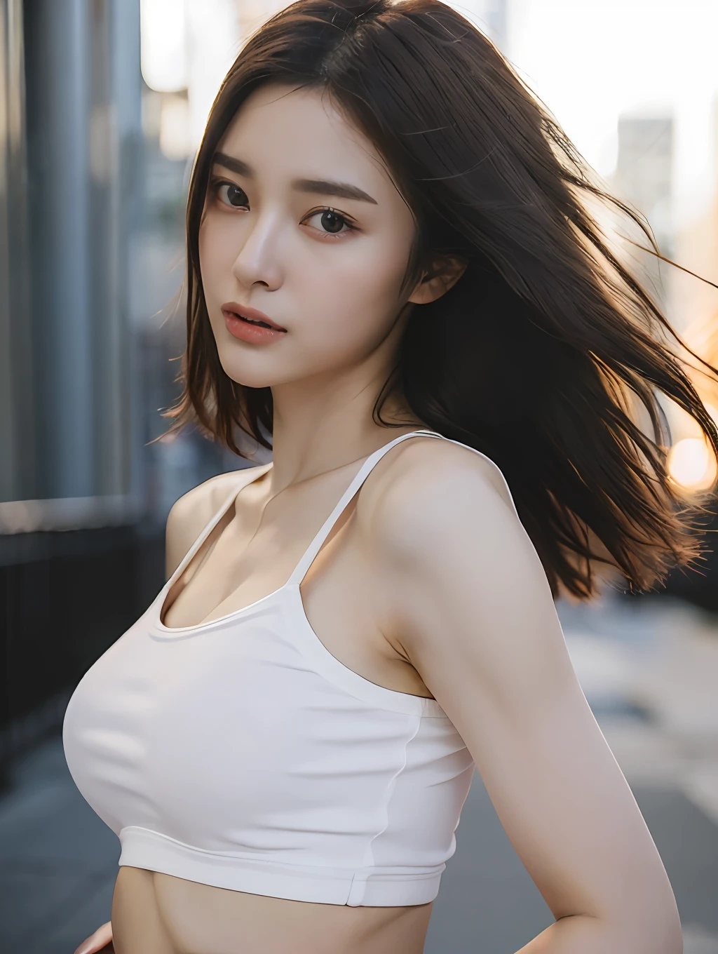((Realistic lighting, Best quality, 8K, Masterpiece: 1.3)), Clear focus: 1.2, 1girl, Perfect Figure: 1.4, Slim Abs: 1.1, ((Dark brown hair)), (White crop top: 1.4), (Outdoor, Night: 1.1), City streets, Super fine face, Fine eyes, Double eyelids,