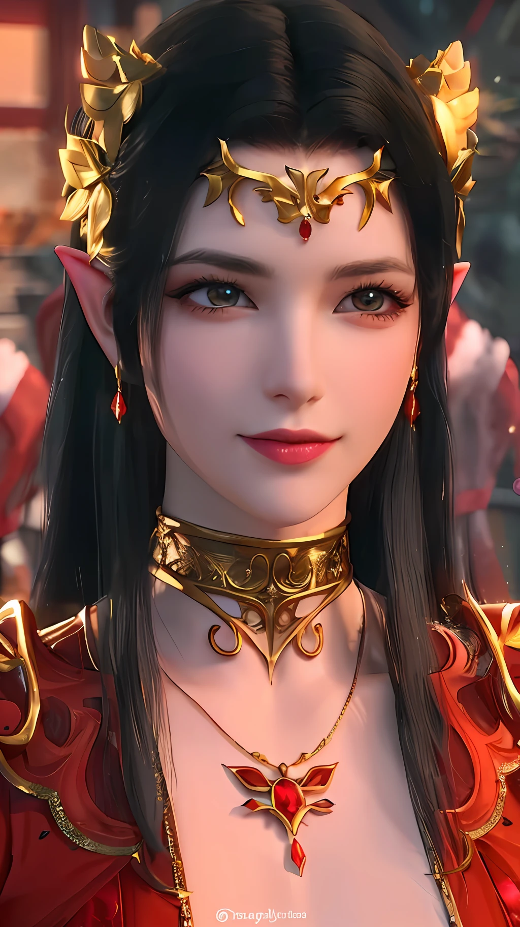 a close up of a woman with a red dress and gold jewelry, she has elf ears and gold eyes, beautiful and elegant elf queen, an elf queen, portrait of an elf queen, beautiful elven princess, elven character with smirk, elven princess, elf princess, ((a beautiful fantasy empress)), alluring elf princess knight, elf queen
