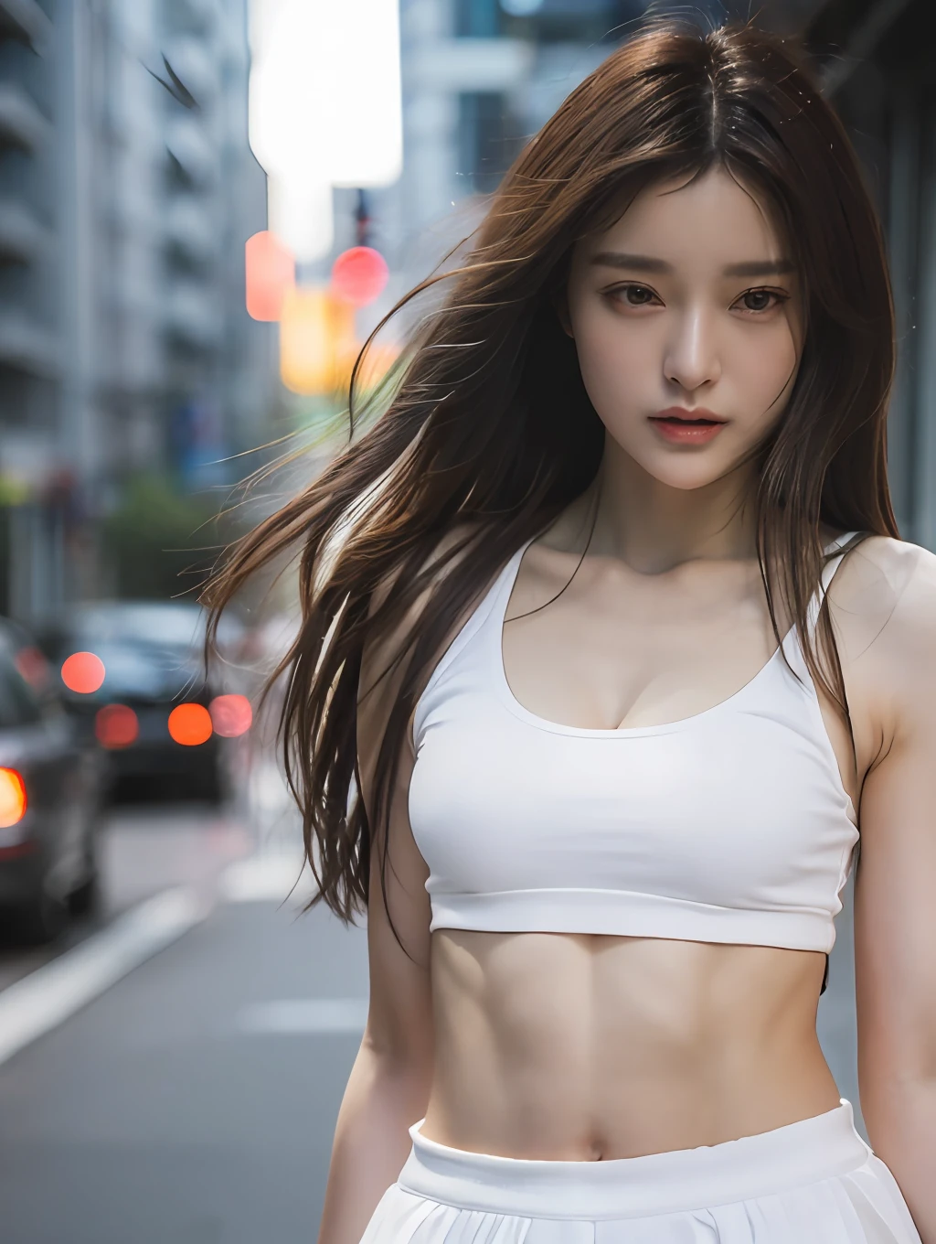 ((Realistic lighting, Best quality, 8K, Masterpiece: 1.3)), Clear focus: 1.2, 1girl, Perfect Figure: 1.4, Slim Abs: 1.1, ((Dark brown hair)), (White crop top: 1.4), (Outdoor, Night: 1.1), City streets, Super fine face, Fine eyes, Double eyelids,