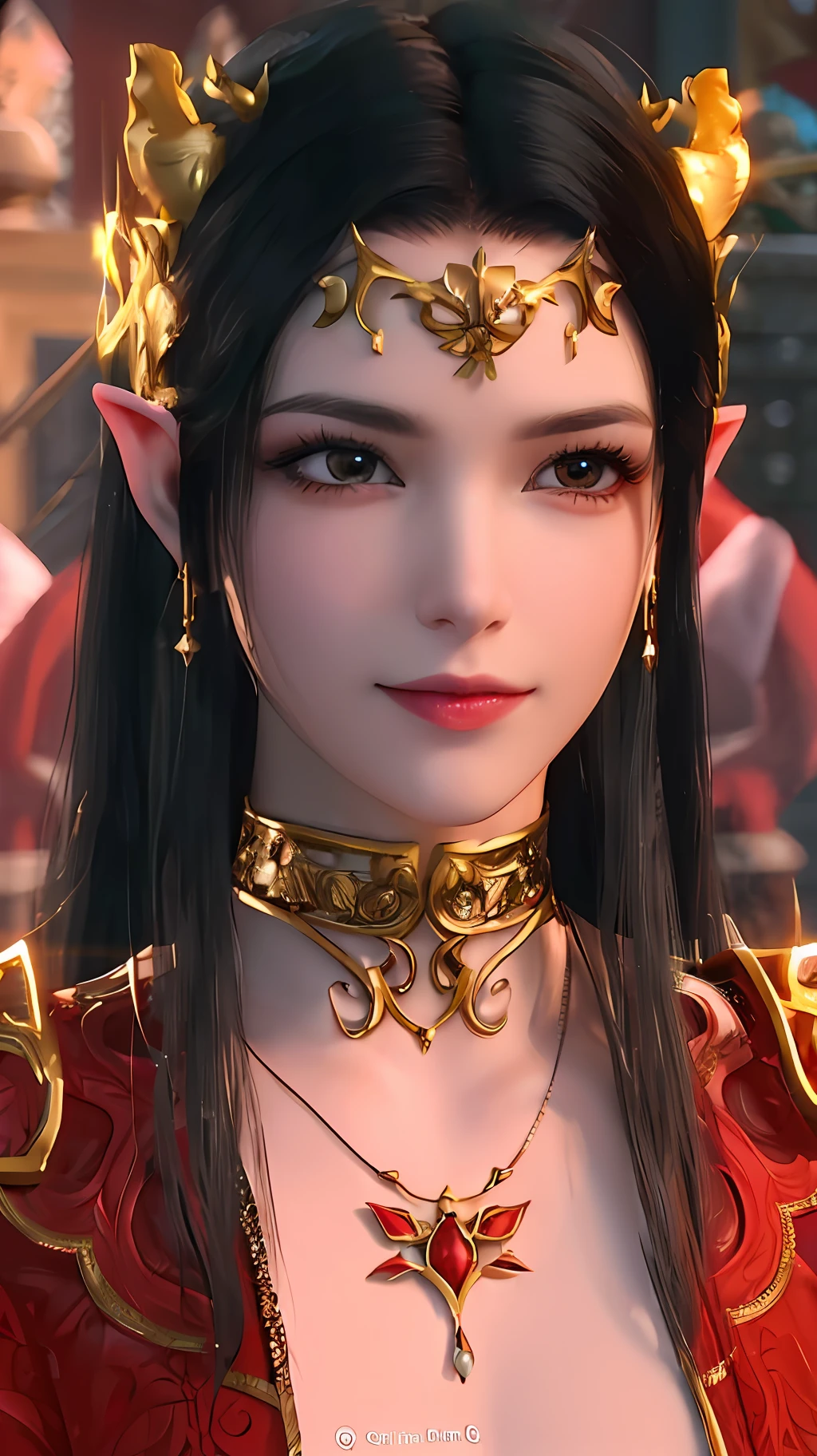 a close up of a woman with a red dress and gold jewelry, she has elf ears and gold eyes, beautiful and elegant elf queen, an elf queen, portrait of an elf queen, beautiful elven princess, elven character with smirk, elven princess, elf princess, ((a beautiful fantasy empress)), alluring elf princess knight, elf queen