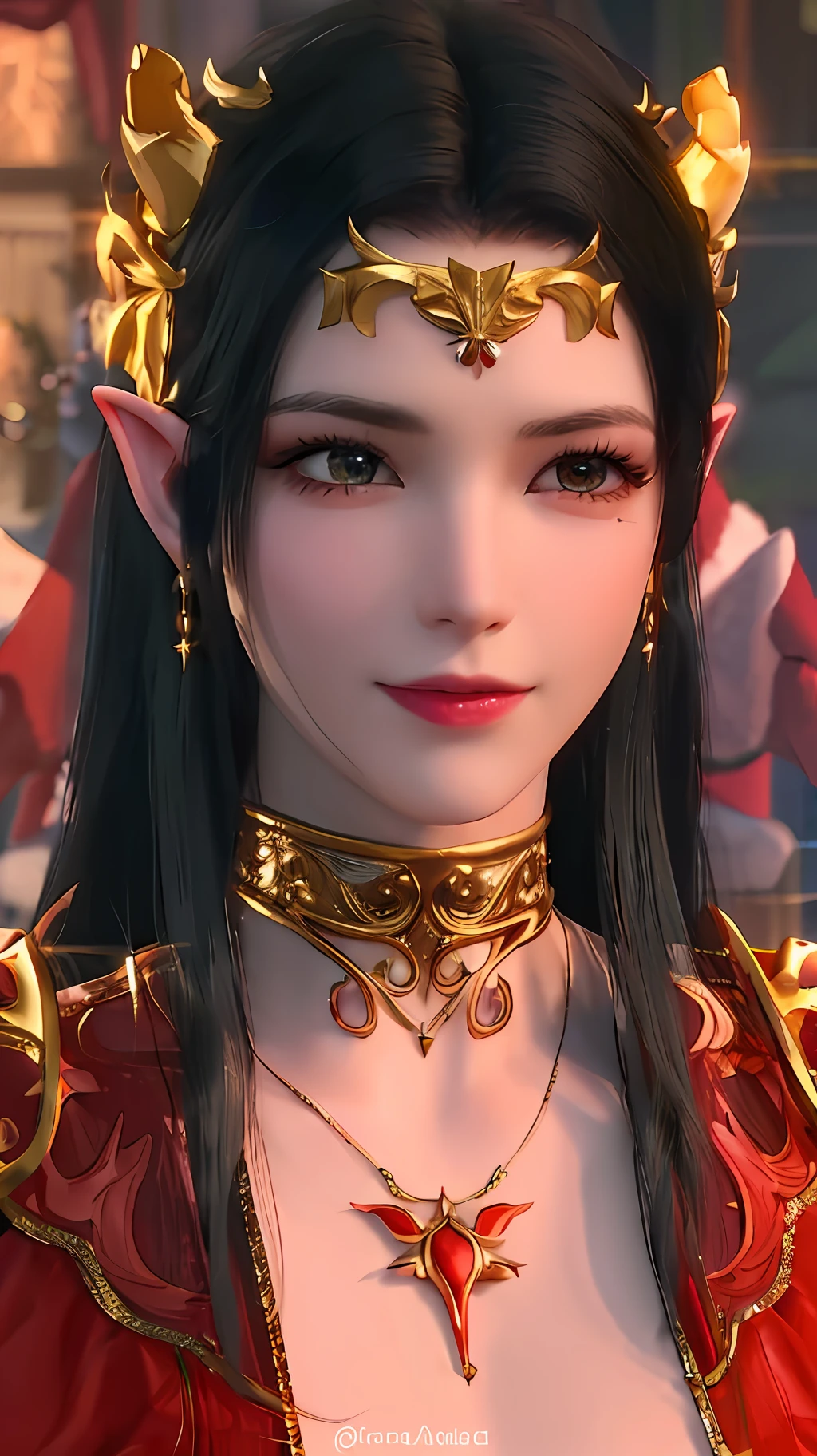 a close up of a woman with a red dress and gold jewelry, she has elf ears and gold eyes, beautiful and elegant elf queen, an elf queen, portrait of an elf queen, beautiful elven princess, elven character with smirk, elven princess, elf princess, ((a beautiful fantasy empress)), alluring elf princess knight, elf queen
