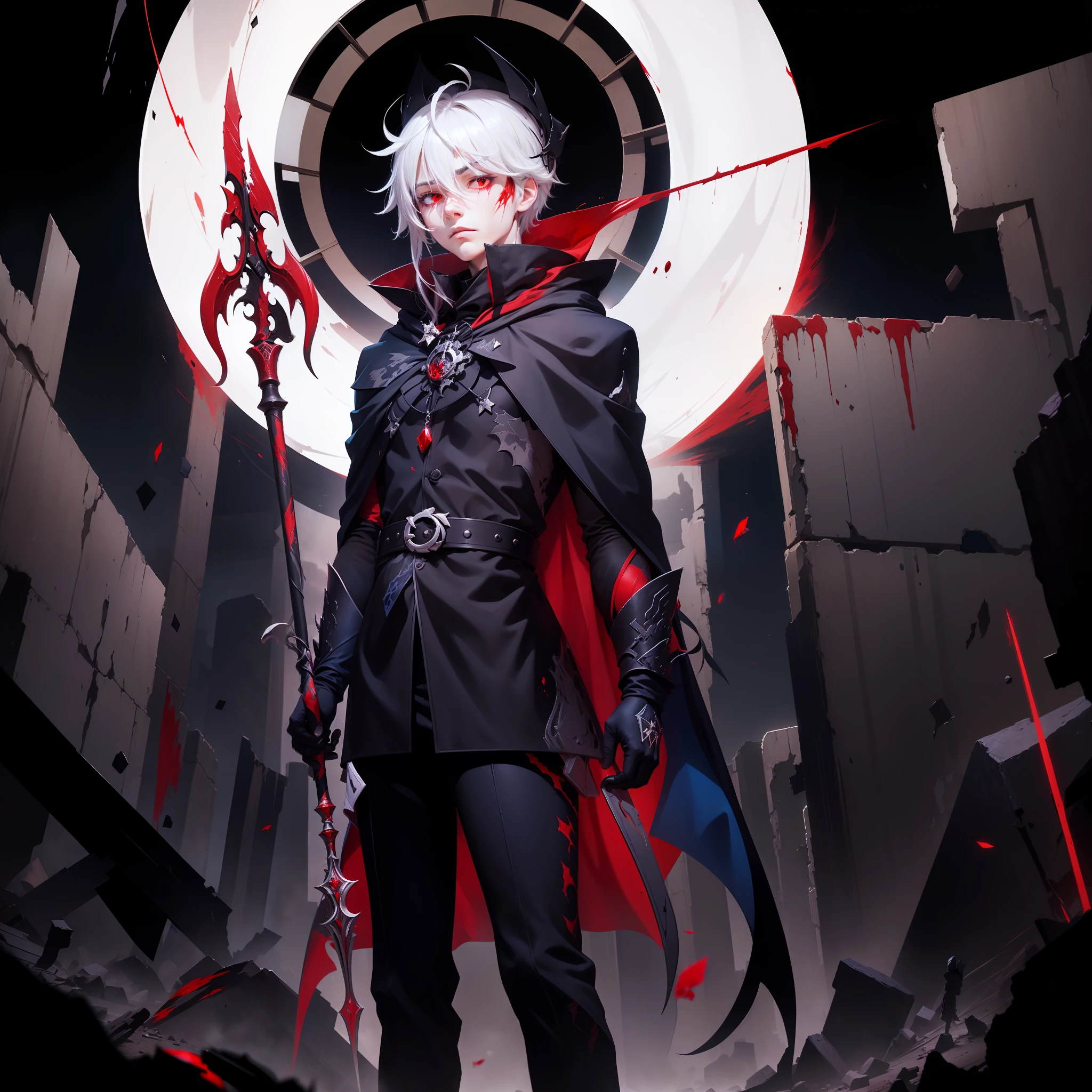 Male White hair Red eyes Black clothes Black hood Black cape Black pants Black shoes Blood-red spear in right hand Floating in left hand a pile of dark blue fragments Black and red background Surrounded by ruins Blood-red halo on the back A pair of blood-red wings Expressionless face Anime characters Two-dimensional Holding a blood-red spear