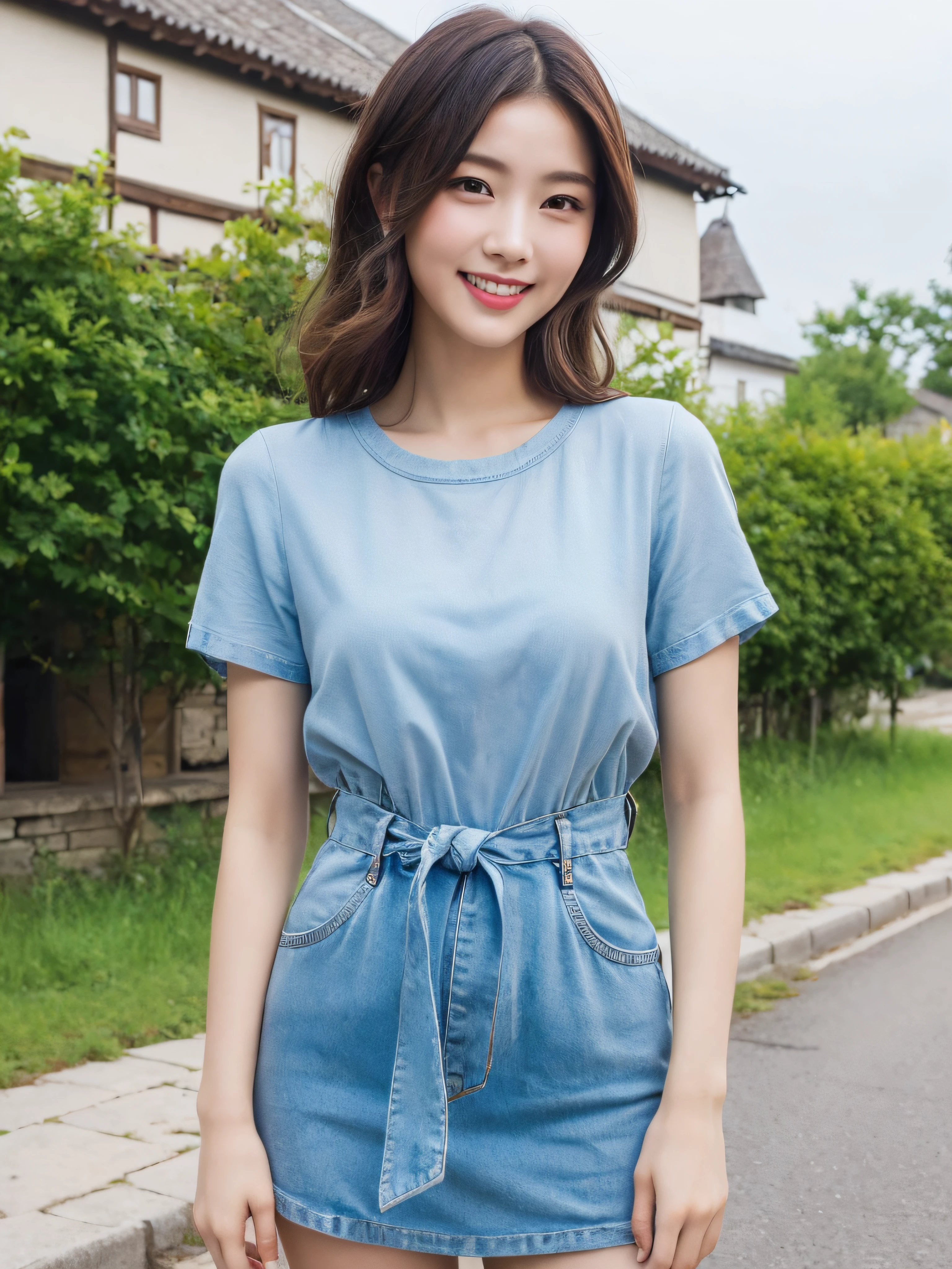 (((Best image quality,8K quality),tmasterpiece)), Drawing style tag: Natural casual hairstyle:1.2, dress detailed:1.1, The body emphasized: 1. Slender female abs:1.3, plumw:1.2, Summary of body details: Refined face:1, 二重まぶた:1, ssmile:1, Picture scene details: Beautiful village, Female life.