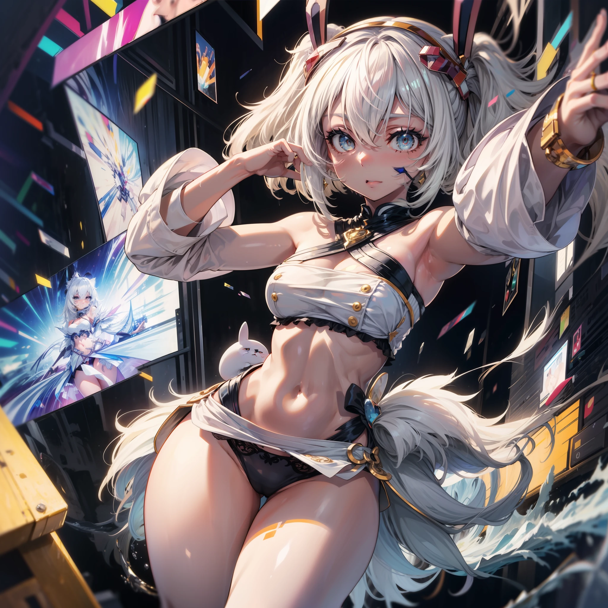 (masterpiece: 1.2),( best quality), 3d, fluffy kitten ears, , sexy, slim body, (thick thighs), (wide hips), half cup panties, (large breasts), oil all over the body, white hair, detailed art, intricate, detailed iris of eyes, detailed eyes, fluffy white tail, intricate background, digital art, small detailed, perfect body, perfect anatomy, detailed nice face, naughty face,