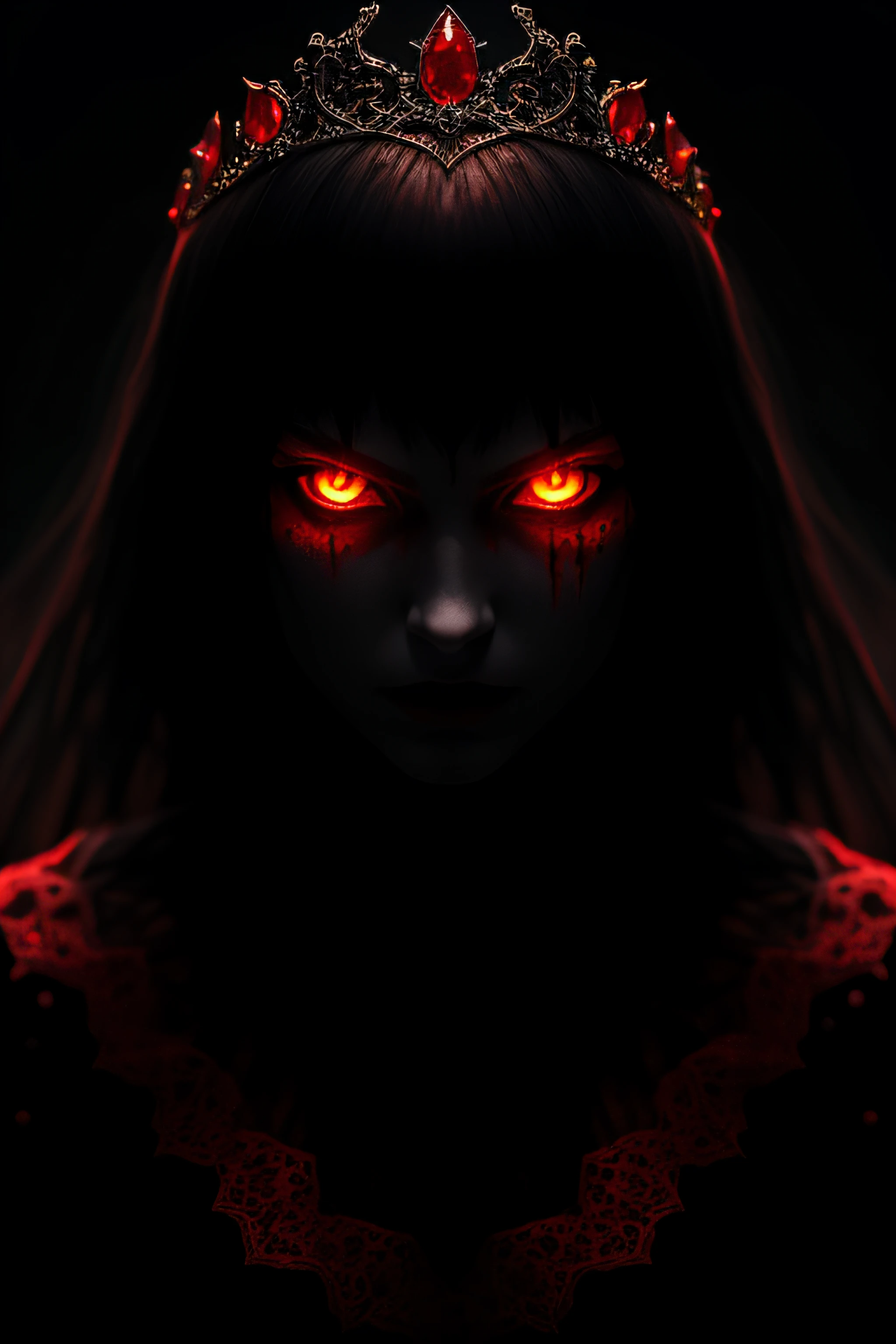 (sharp focus:1.1) photo of a vampire queen, blood droplets, blood soaked hair, ruby tiara, lace dress, alluring, yellow eyes, dark shadows, intensity, insanity, 8k, high quality, intricate details, close up, glowing eyes,
