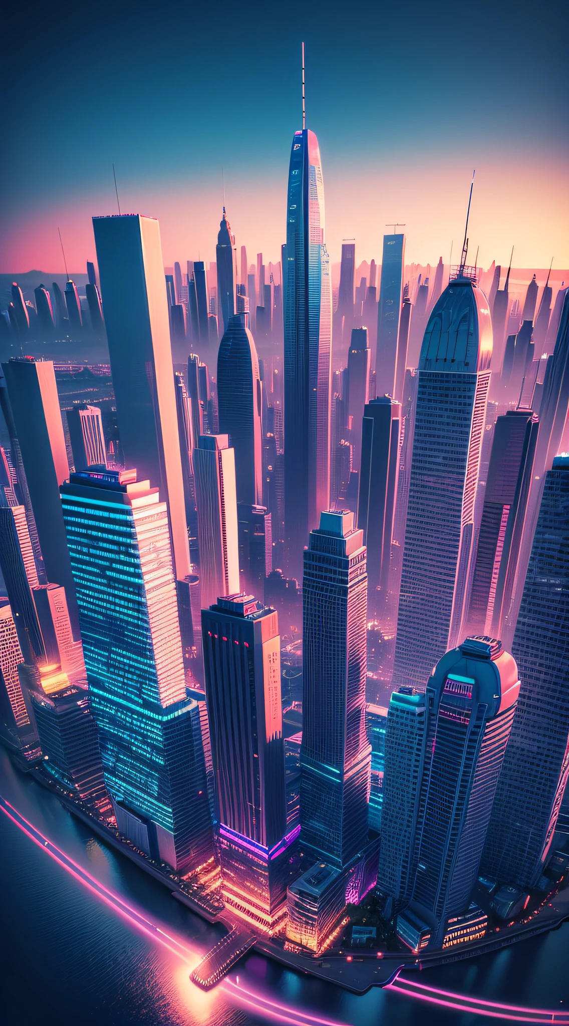 City skyline retrowave style. Very detailed. Micro details. Intricate --auto