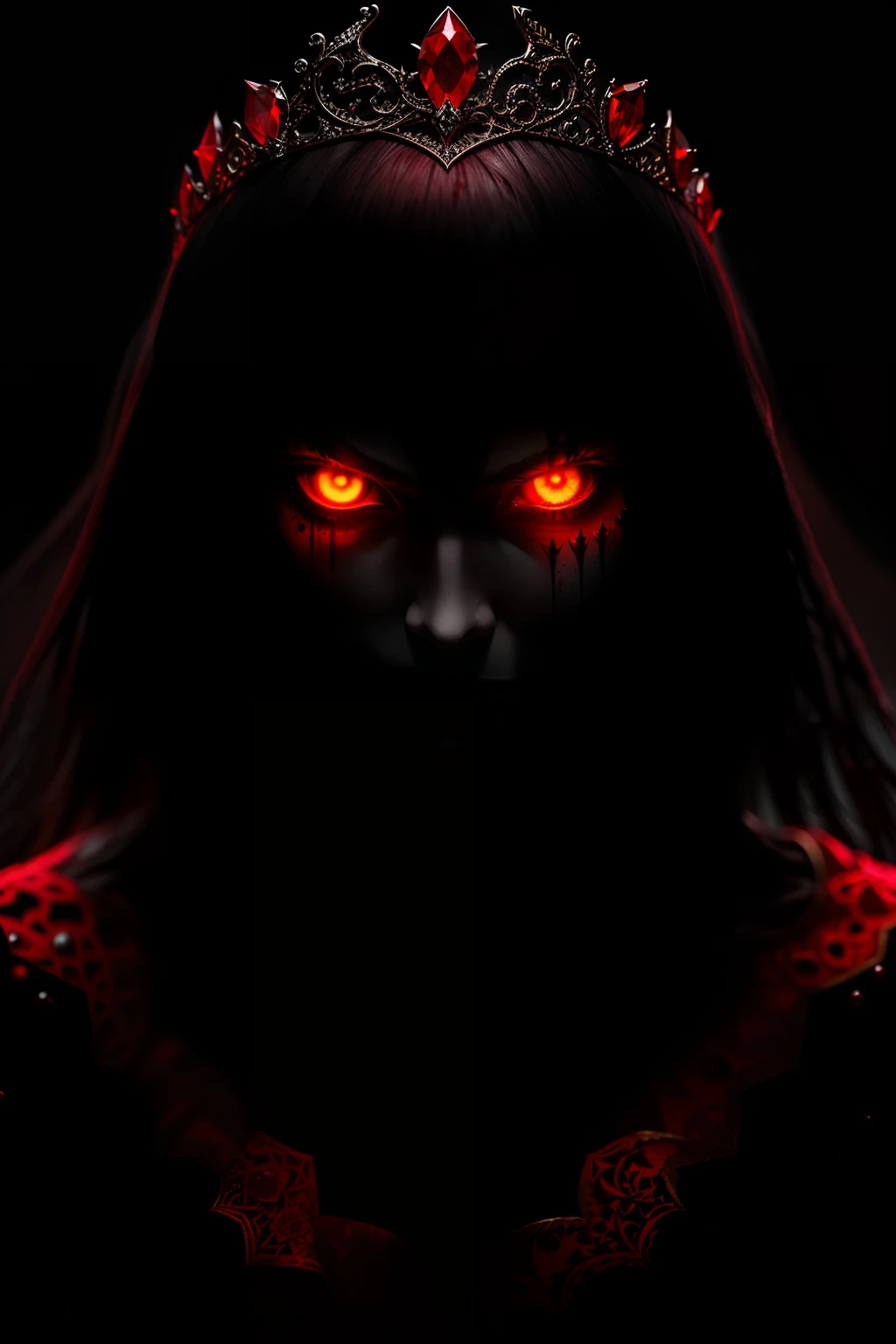(sharp focus:1.1) photo of a vampire queen, blood droplets, blood soaked hair, ruby tiara, lace dress, alluring, yellow eyes, dark shadows, intensity, insanity, 8k, high quality, intricate details, close up, glowing eyes,