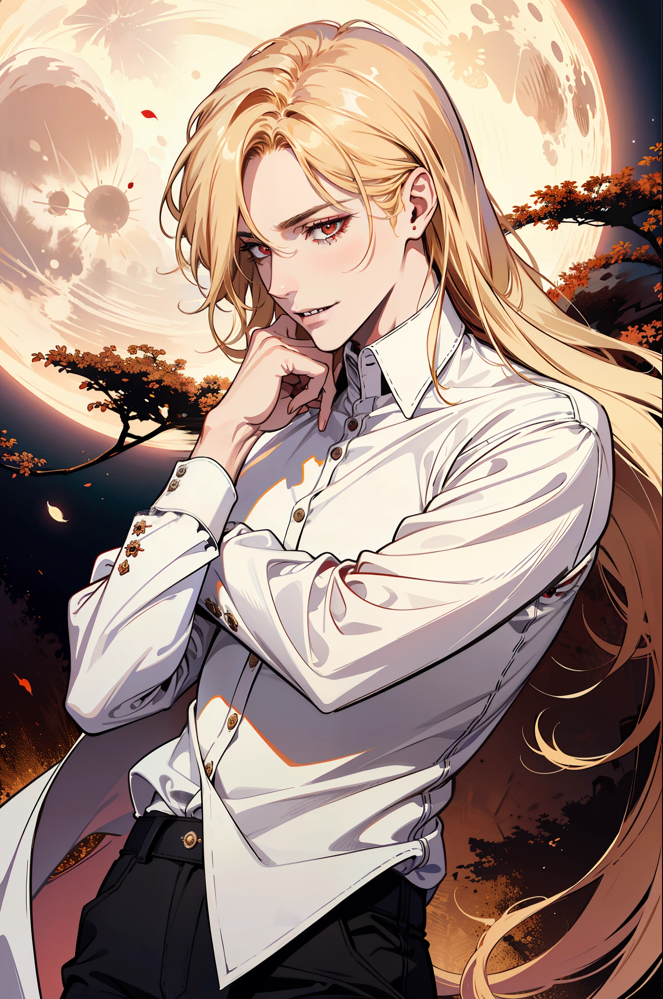 (absurdres, highres, ultra detailed), 1man, 30 years old man, adult man, handsome, tall,, finely detailed eyes and detailed face, leather pants, (((white shirt))), night, smile, dutch angle, ((long hair, blonde hair)), moon, gold details, gothic, vampire, vampire prince, dark, simple clothes, looking at the view, pale skin, red detailed eyes, (masculine), sexy, elegant, long bangs, detailed hands, (((red eyes)))