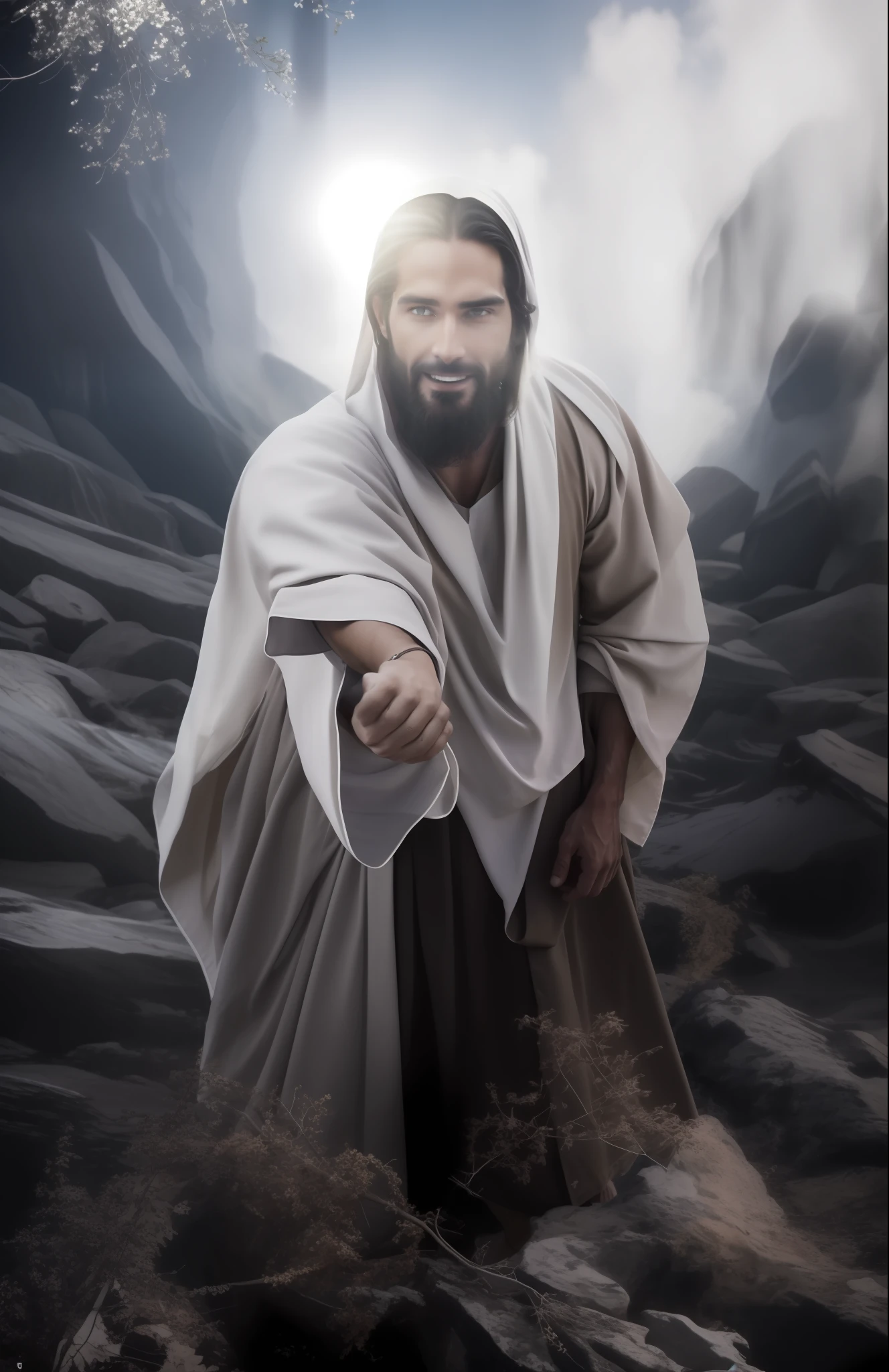 Seth Rollins como Jesus Cristo, sorrindo e feliz, wearing tunic, focar nos detalhes do rosto, cabelo escuro preto, semelhante ao seth rollins, wearing the long beige tunic of Jesus, Biblical style of Jesus, imagem realista, fundo da imagem preto escuro , melhor qualidade, 8k, focar nos detalhes.