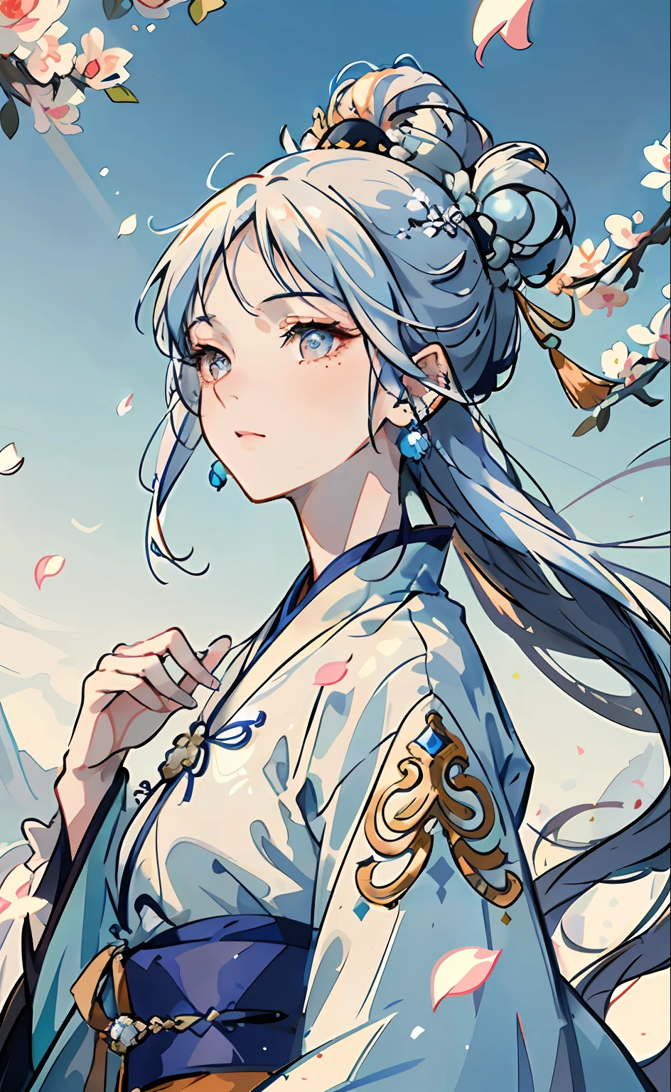 Mature girl , dark orange eyes, blue and white hair color, floating hair, delicate and smart eyes, intricate damask hanfu, gorgeous accessories, wearing pearl earrings, fov, f/1.8, masterpiece, ancient Chinese architecture, blue sky, flower petals flying, front portrait shot, Chang'e, side lighting, sunlight on people, 8K
