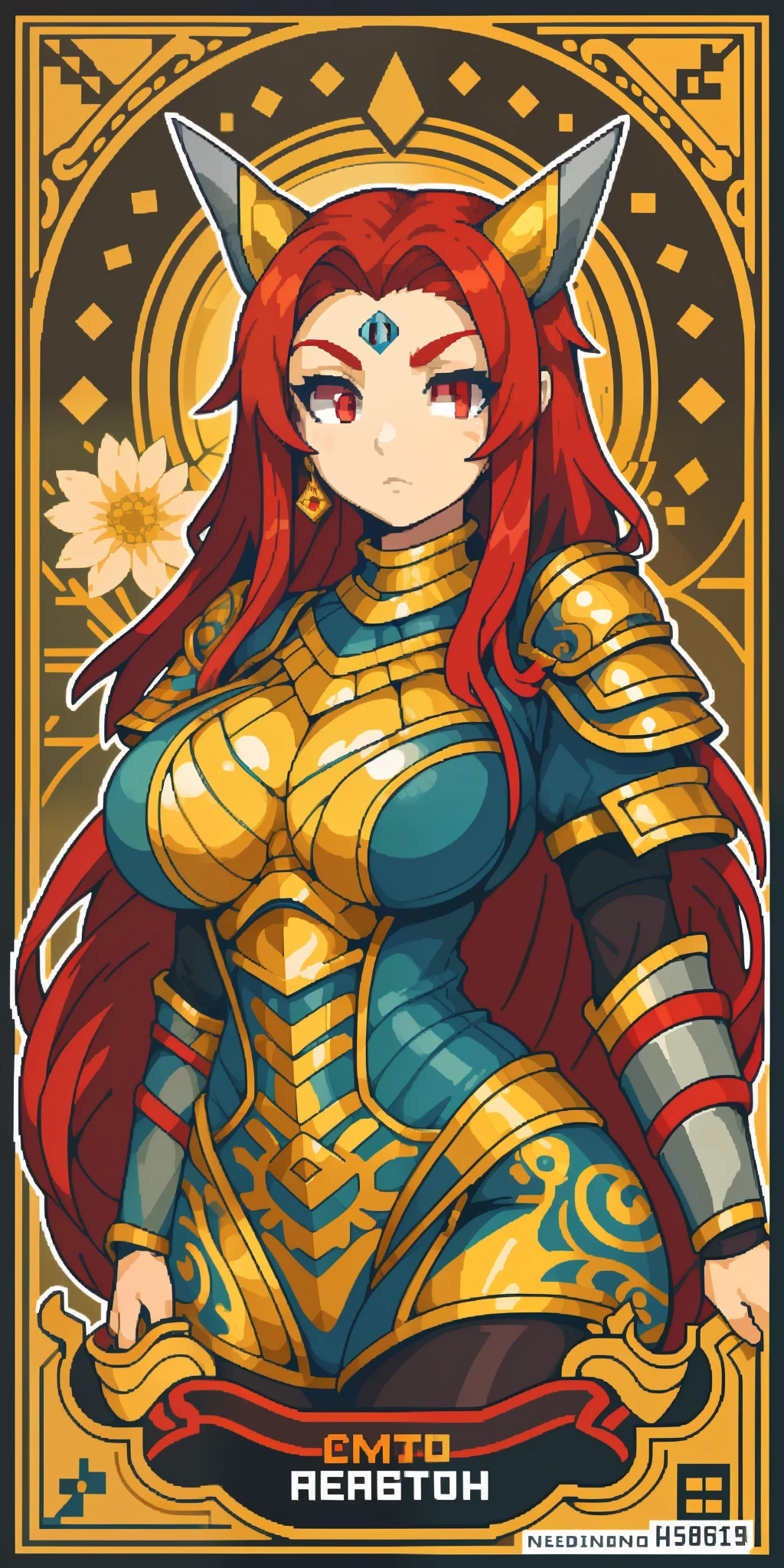 top-quality,best qualityer,logo mark,Postage stamps,Geometric patterns,vectorial art,High quality illustrationtiz,warrioress(Red eyes,big breasts beautiful,Red hair,Long legs,blackstockings)tmasterpiece(Warrior armor,The color is golden-yellow)florals,pixelart,