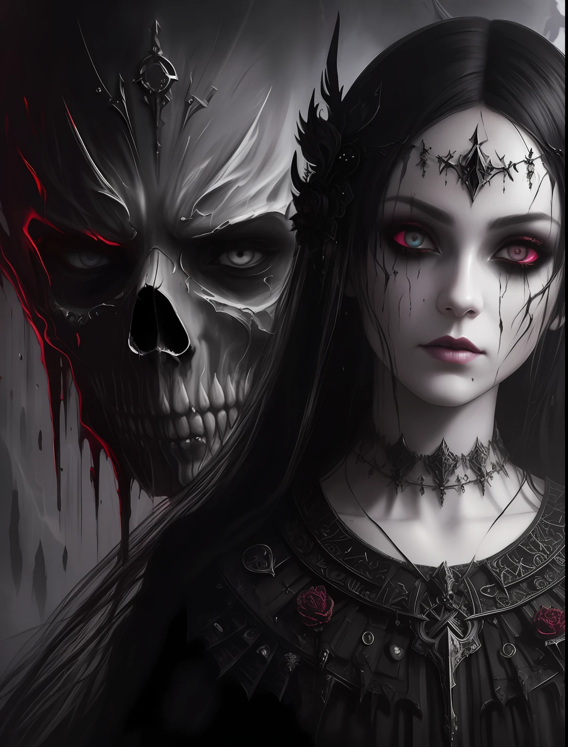 dark, unholy, evil, astral, creepy olpntng style, undead, rotting skin, mystical, nice perfect face with soft skin, concept art portrait by greg rutkowski, artgerm, hyperdetailed intricately detailed gothic art trending on artstation triadic colors, unreal engine, fantastical, intricate detail, splash screen, complementary colors, fantasy concept art, 8k resolution, gothic deviantart masterpiece, oil painting, heavy strokes, paint dripping, dark, unholy, evil, astral, creepy,
