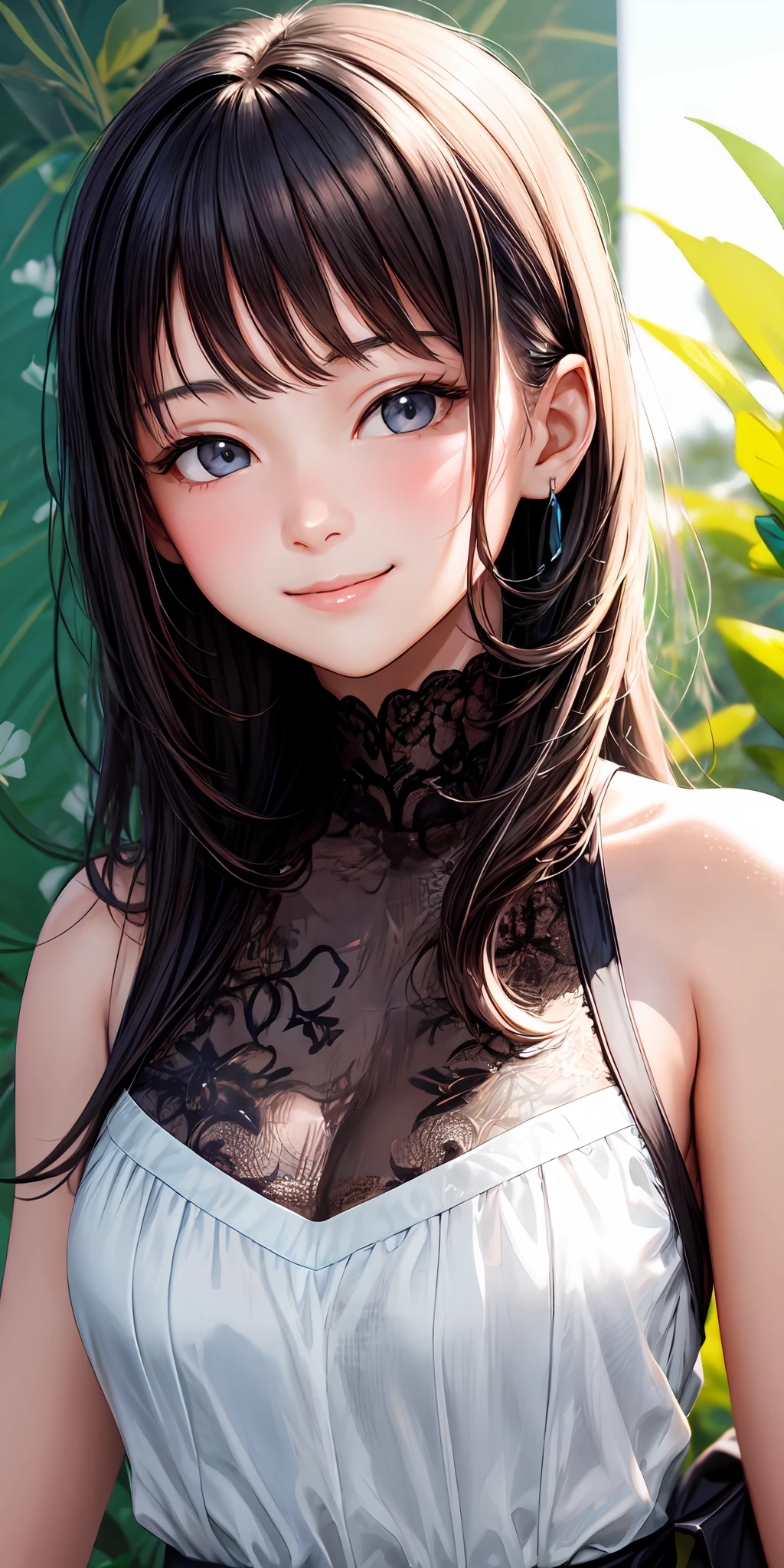 1girl, portrait, light smile, bare shoulders, sidelighting, wallpaper