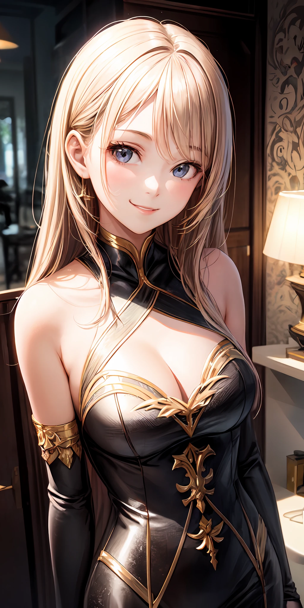 1girl, portrait, light smile, bare shoulders, sidelighting, wallpaper