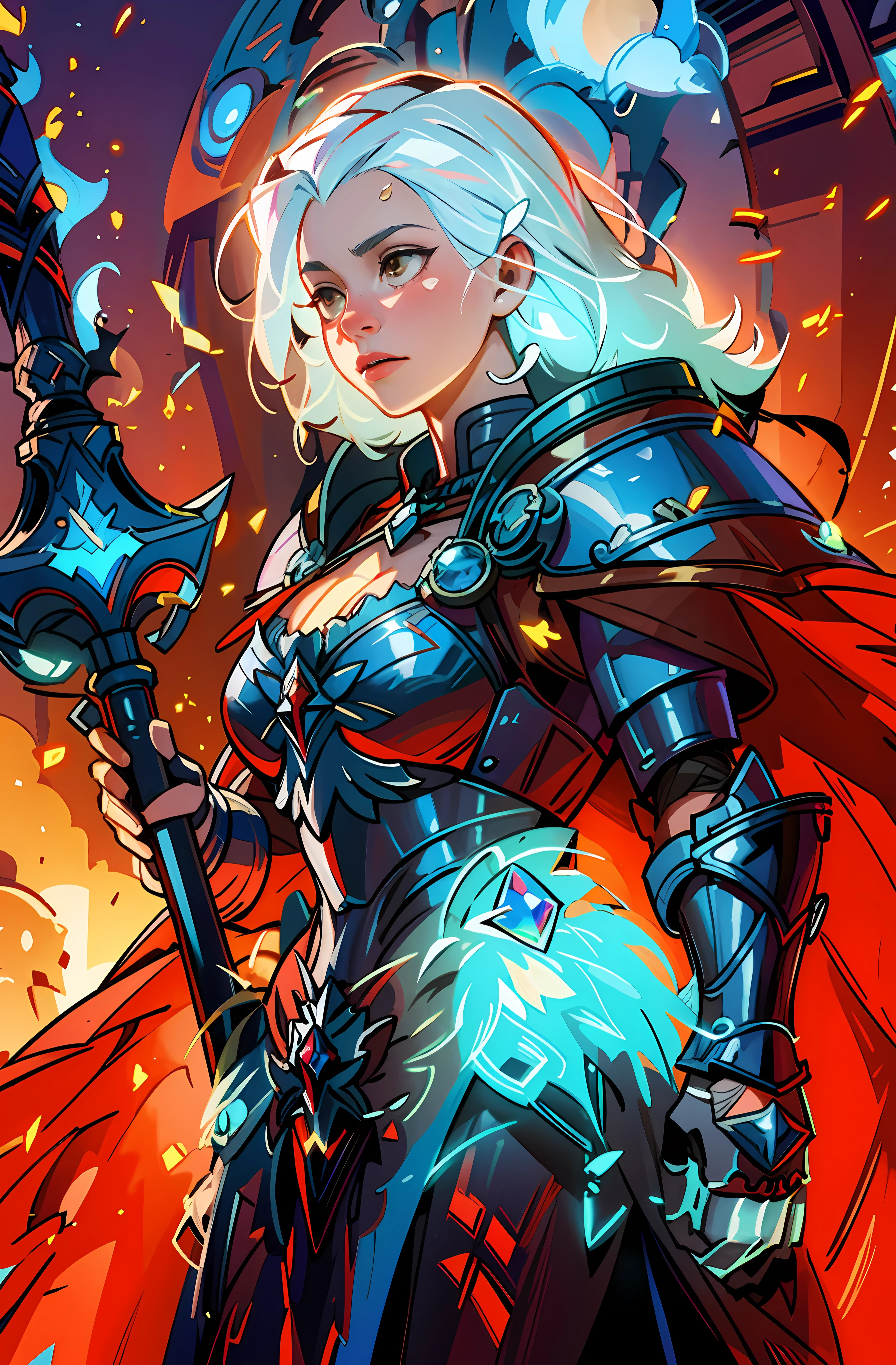 Official Art, Unity 8k Wallpaper, Ultra Detail, Masterpiece, Best Quality, One Woman, (Very Detail), Dynamic Angle, Mystical Expression, Fire Glowing Effect, Fantasy Background, Rim Lighting, Side Light, Cinematic Light, Ultra High Definition, 8k UHD, Film Grain,Best Shadow, Delicate, RAW, Light Particles, Detailed Skin Texture, Detailed Gem Armor Texture, Detailed Face, Complex detail, super detailed, bright, strong, red armor, cleavage, holding glowing weapons, holding a shield, pole dron, (((white hair)), shining brown eyes, long blue cloak, fantasy, (realistic),