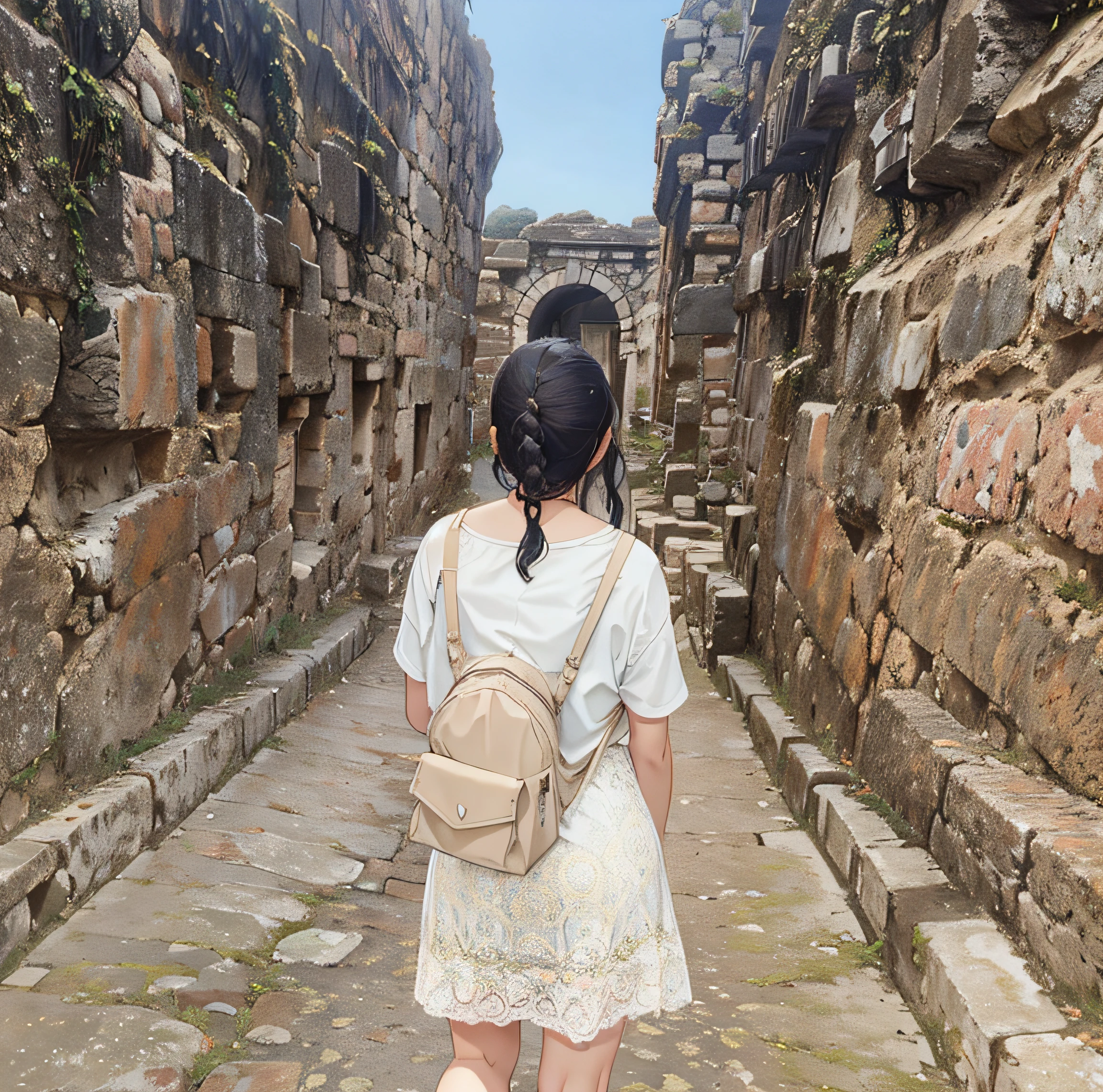 a woman walking down a narrow stone path with a backpack, ancient ruins behind her, at an ancient city, in ancient city ruins, standing before ancient ruins, in the middle of round ruins, ruins in the background, ancient city streets behind her, ancient ruins in the background, standing in ruins, at the stone ruins, temples behind her, clothed in ancient street wear