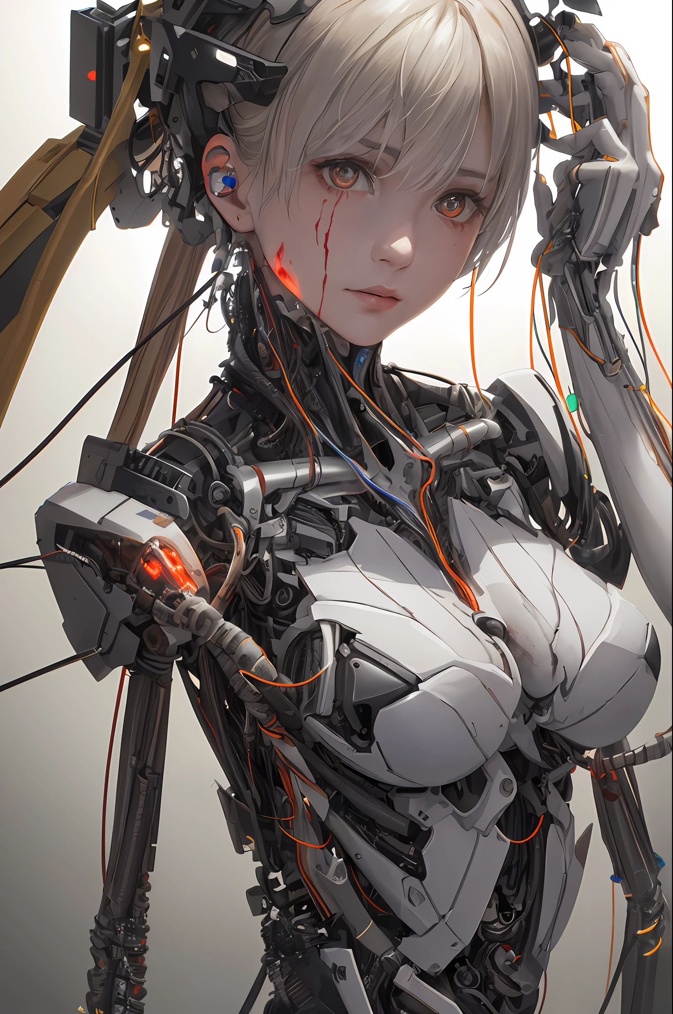 1mechanical_girl wearing intricate bioluminescent mechanical cyborg armor made out of (white beige old plastic) , ((ultra realistic details)), detailed_face, global_illumination, shadows, octane_render, 8k, ultra_sharp, metal, ornaments_detailed, cold_colors, egypician_detail, highly_intricate_details, realistic_light, trending_on_cgsociety, glowing_eyes, facing_camera, neon_details, machanical_limbs, blood_vessels_connected_to_tubes, ((lot_wires_and_cables_connecting_to_head_and_body)), killing_machine, extremely_sexy, lustful, slutty