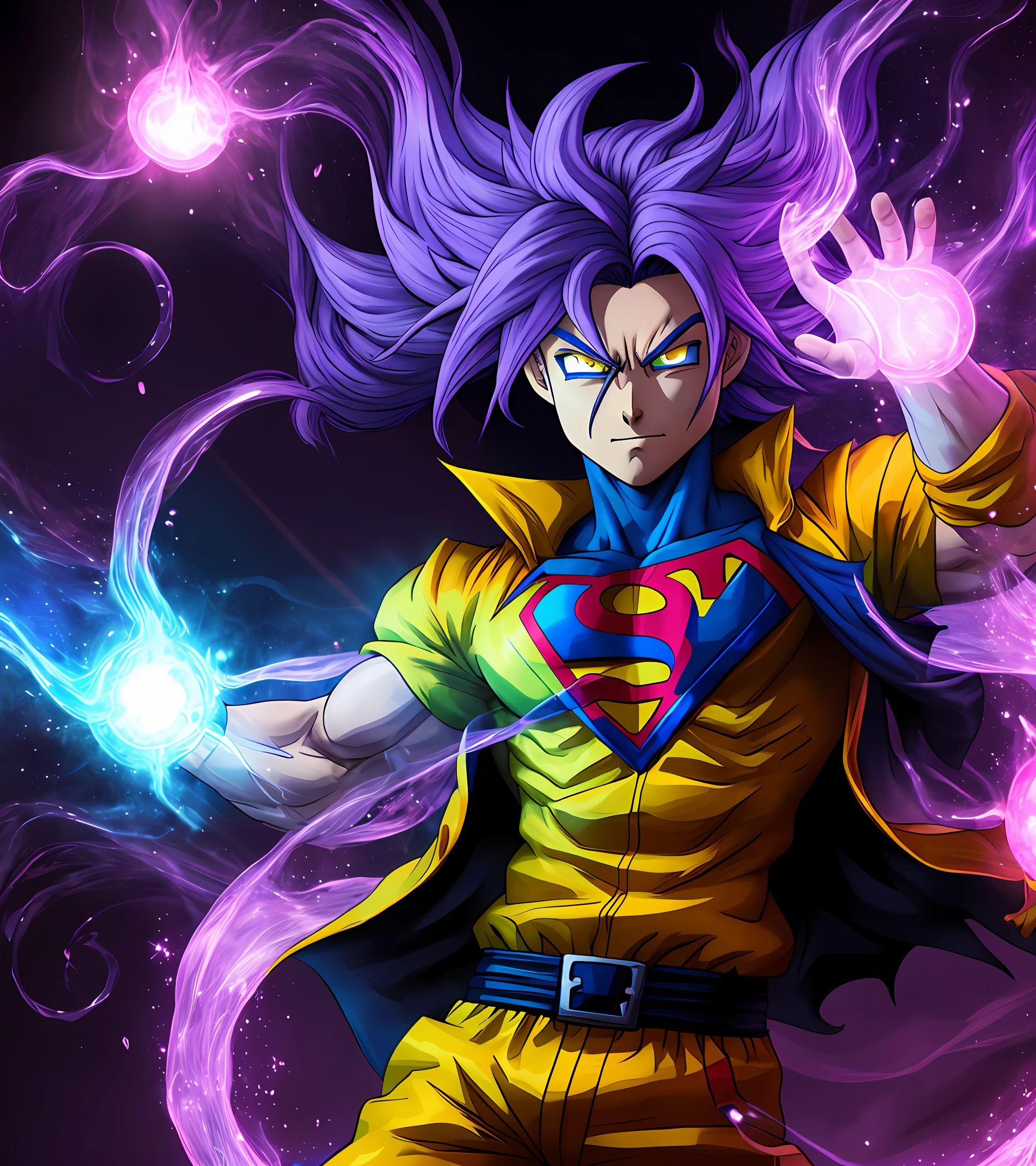 Create a super sayajin with purple hair and blue vom lilac aura