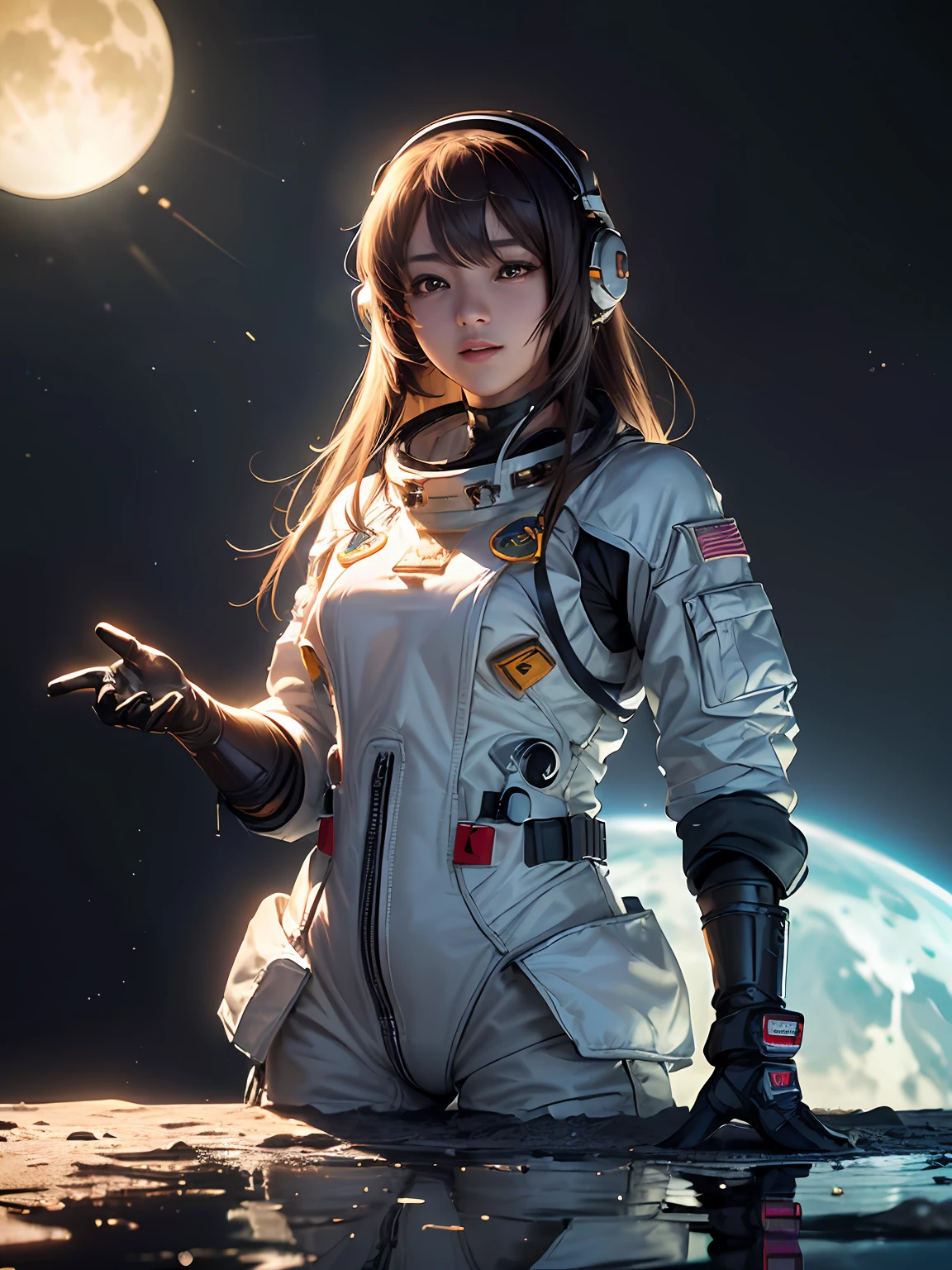 masterpiece, (best quality:1.2), high quality, (((photoreal)), cinematic direction, (high contrast), depth of field, (award-winning difference photo), face detail, detailed drawing, ((high quality)), ((masterpiece)), 8k, light rays, extremely detailed CG unity 8k wallpaper, Extremely high quality detailed close-up picture of suzumiya haruhi, Looks happy and amazed, focuses on her upper body. She is in a realistic detailed and highest quality astronaut helmet and astronaut suit. standing on the moon. A realistic detailed and highest quality earth reflection is on her helmet. Detailed highest quality realistic hand. Extremely Detailed highest quality suzumiya haruhi’s face, excitement, happiness, amazement. Enhanced quality.