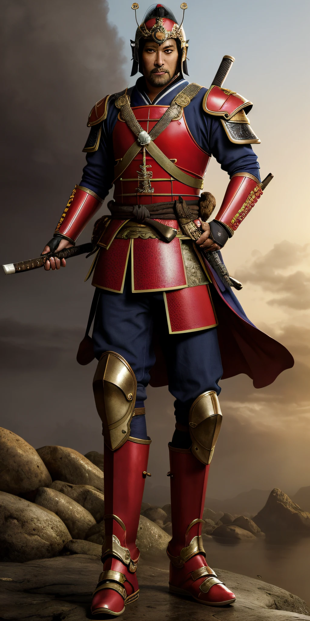 Full-length photorealistic portrait of a Japanese samurai, vestido com uma armadura vermelha completa com detalhes pretos, usando um capacete samurai, segurando uma espada samurai, em um estilo realista, with hot and arid lighting, set in Japan's feudal setting, Volumetric lighting, Film style, fluid acrylic, dynamic gradients, cores vibrantes, illustration, curvas vetoriais altamente detalhadas, simples, liso, e arte vetorial limpa, liso, Johan Grenier, design de personagens, Sombreamento 3D, cinemactic, ornate patterns, elegant organic framing, hiper-realismo, posterizado, collection of masterpieces, cores exuberantes e vivas, Twilight, Wet watercolor.