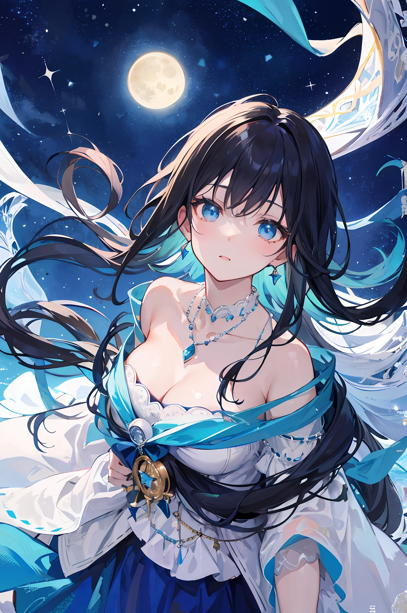 （Masterpiece of best quality：1.2），detail-rich，Top of the castle，A girl spoke，Look up，Moonlight in the night sky，Blue and black long hair shawl，Blue ribbon decoration，White gorgeous dress，Necklaces and ornaments sparkle，Middle Ages style，The eyes are like a deep blue ocean，High cold breath。