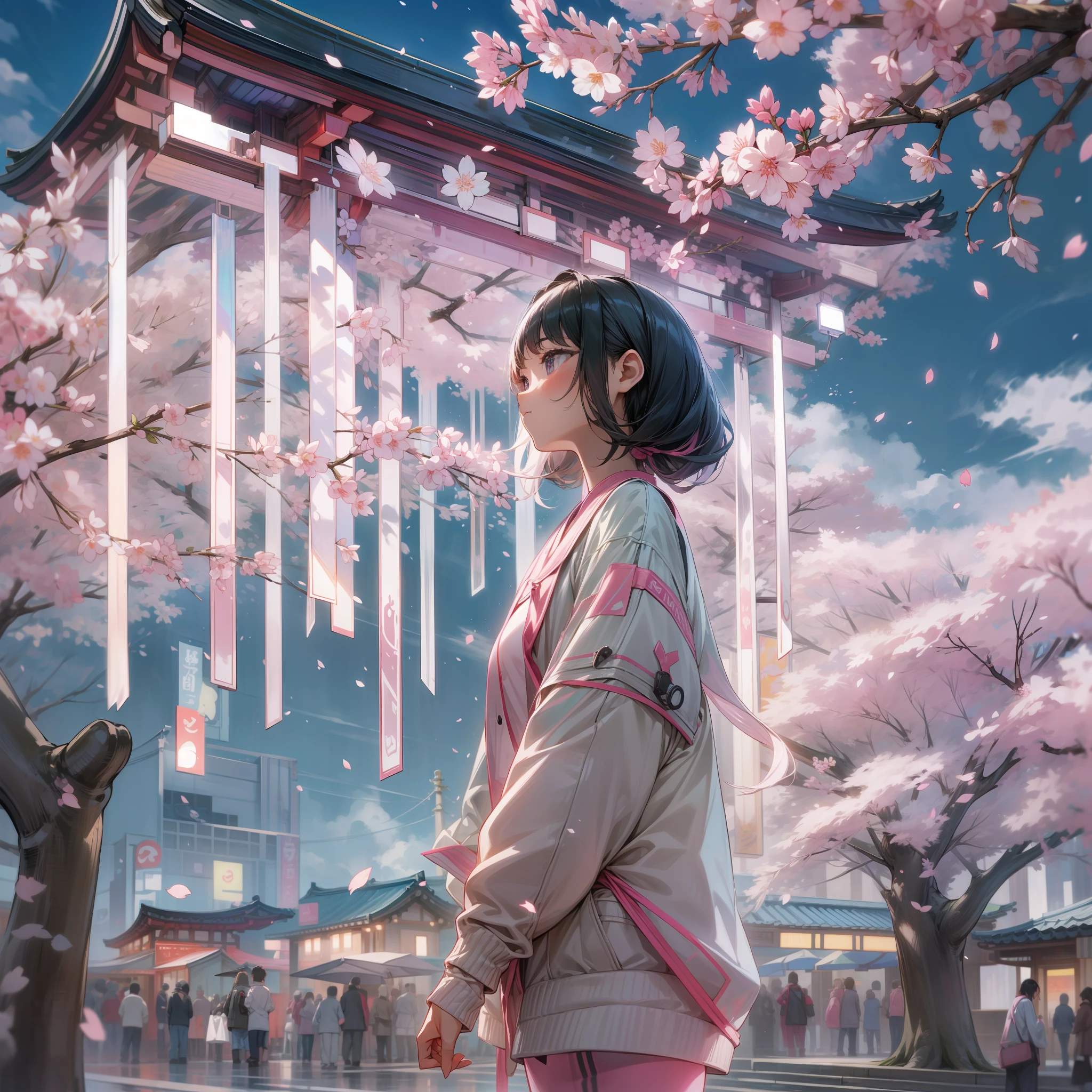 Drawn in 8K ultra-high resolution、Spring morning in the near future Japan。Located in the center is、Black hair shortcut with pink and white hologram colors、Cheerful young woman。
Her attire is、Contemporary yet futuristic。Sweaters、Reflects the colors of spring、Color and pattern change as you move。Her skinny pants are、It looks like cherry blossom petals fluttering through the light、At the foot、Sneakers with pink light。
What she holds in her hands is、AI-controlled hologram cherry blossom petals。This changes color and shape according to her movements and facial expressions.、It rocks like real cherry blossom petals。
Spread in her background is、Cityscape decorated with fresh greenery and cherry blossoms。The buildings of the future that use sunlight to change colors、Shine with the spring sunlight、In the distance、You can see Mt. Fuji covered in fresh greenery。
In the city、Lined with stalls using holographic technology、a person々is enjoying。The latest VR experience is provided.、You can taste the gastronomy of spring created by AI。Spring sunshine、Buzzing music、And the sound of digital wind chimes swaying in the wind、It further emphasizes the atmosphere of spring in the near future.。