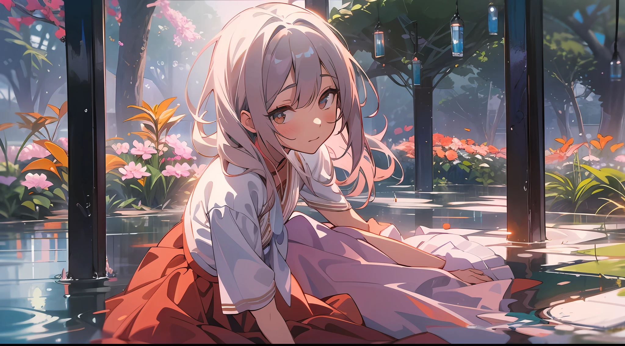 hyper HD, Masterpiece, High details, High quality, Best quality, 8K,The Garden of Words,1 girl,Solo,full body, (red long skirt:1.2), skirt lift,(Eau:1.2), (inverted image:1.2), long whitr hair, water,reflection,Shy, Cinematic lighting, Ray tracing