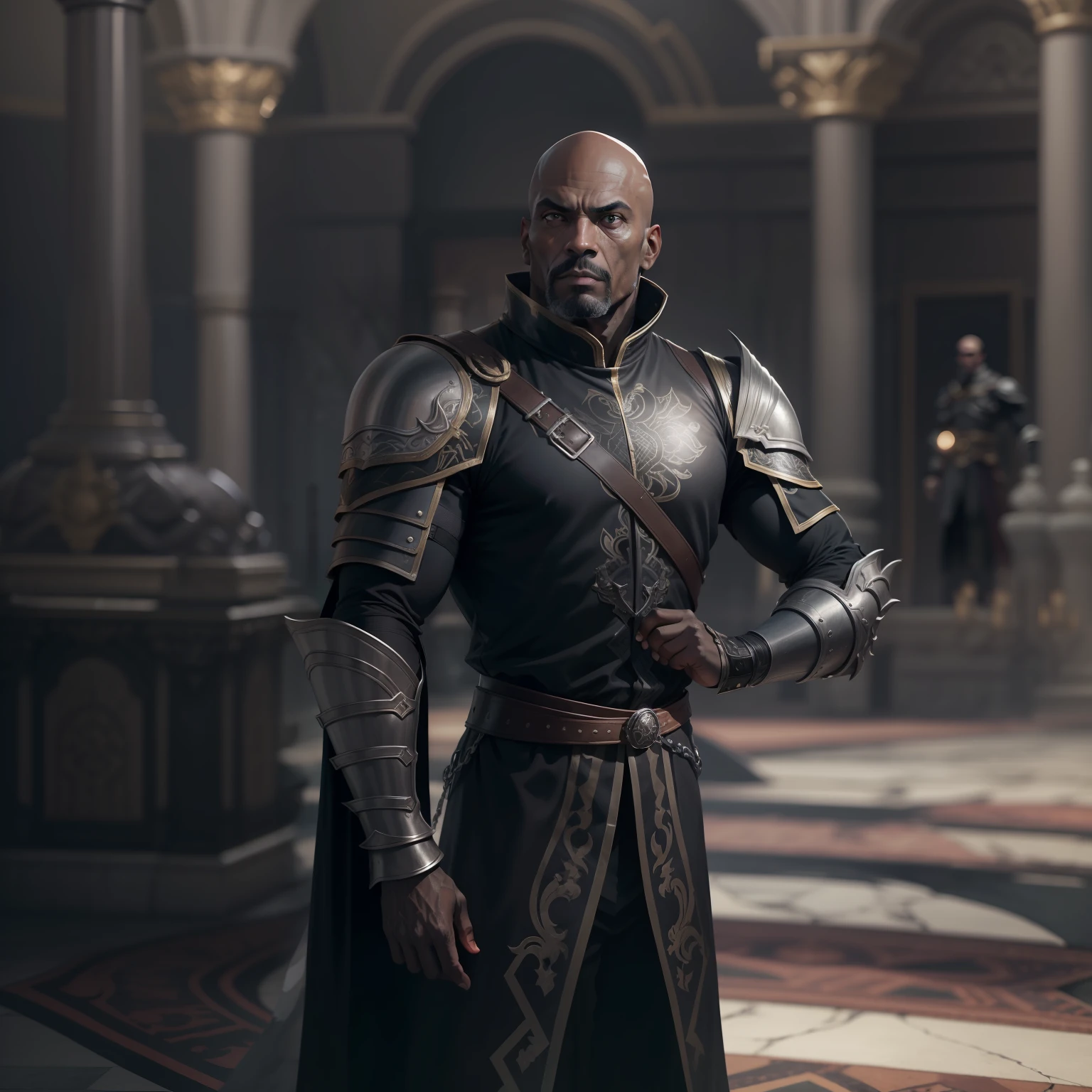 realistic image of a black and bald man, tall and strong, with a concentrated expression, dressed in black rpg warrior attire and with silver shoulder pads, standing in a palace hall