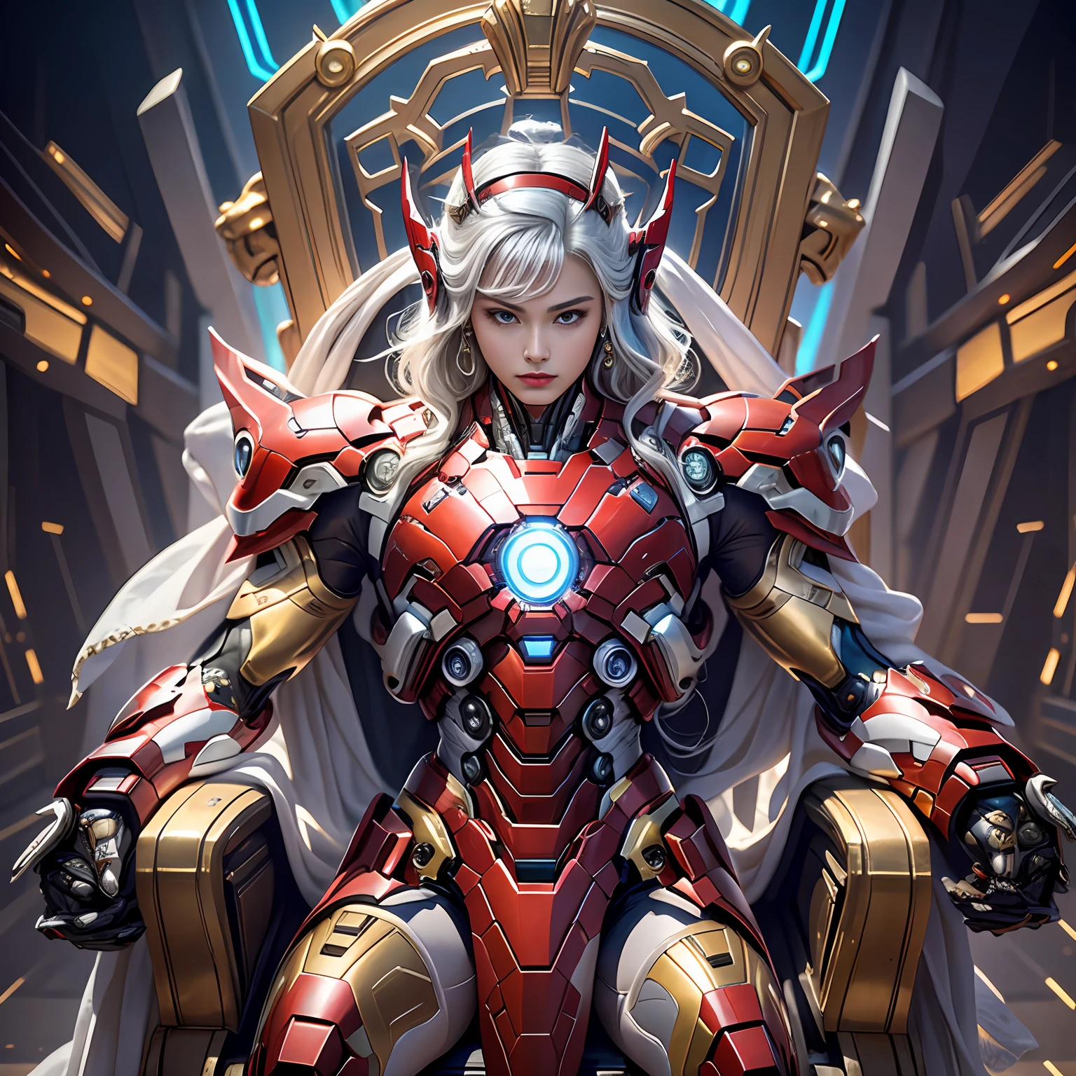 Cyberpunk style mecha Marvel Movie Iron Man Saint Seiya Kamen Rider Queen sitting on throne, ancient technology, ancient legends, white hair (white stockings: 1.5) (Throne: 1.4), sword, (mecha God of War), Egyptian style, (Saint Seiya: 1.7), Taoist symbols, (dragon pattern: 1.6), (gold thread: 1.5) ultra-realistic, Boca effect, shot in the style of David La Chapelle, bioluminescent palette: lilac, pale gold, bright white, ultra-fine, cinematic still life, vibrancy, Unrealistic engine style, Sakimichan, lower chest, perfect eyes, highest image quality 16K, inspired by Harry Winston, shot on Canon EOS R 6, masterpiece, --Chaos 50, gray hair, crown, mole under the eyes, gitchham, wide angle, canon, from above, projection illustration, ray tracing, surrealism, textured skin