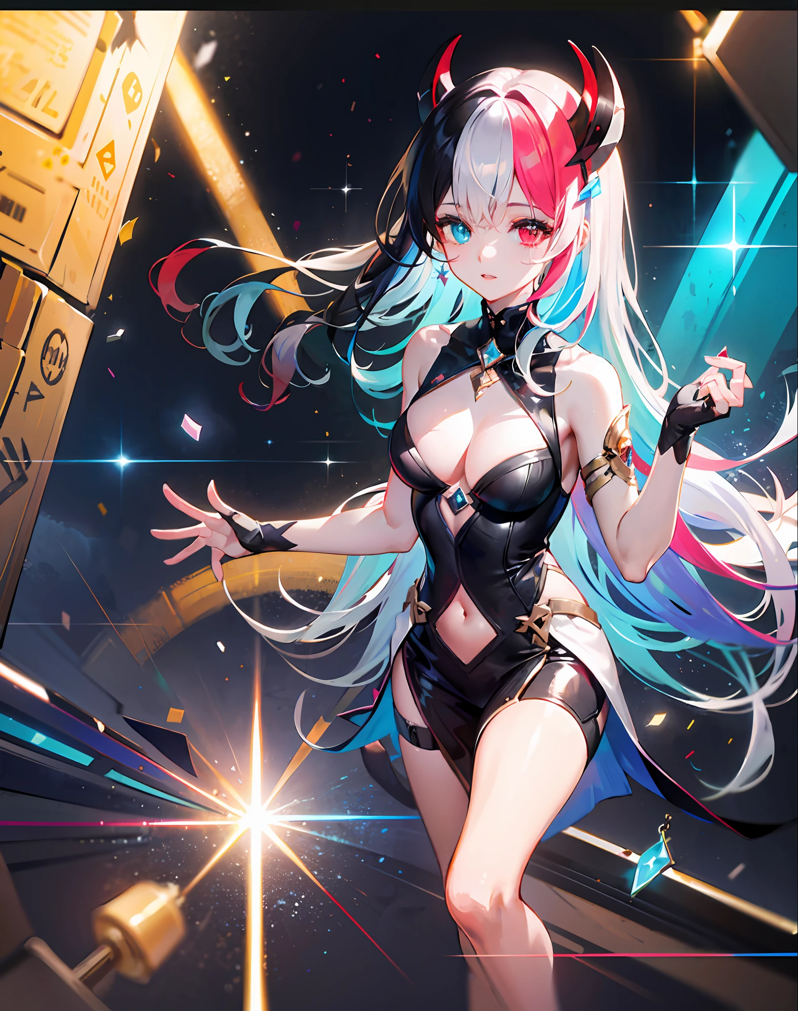 {{masterpiece}}, best quality, cinematic lighting, lens flare, medium , beautiful detail eyes,  multicolor hair, colorful light particles, heterochromia, (colorful:1.5), (colorful hair:1.5),