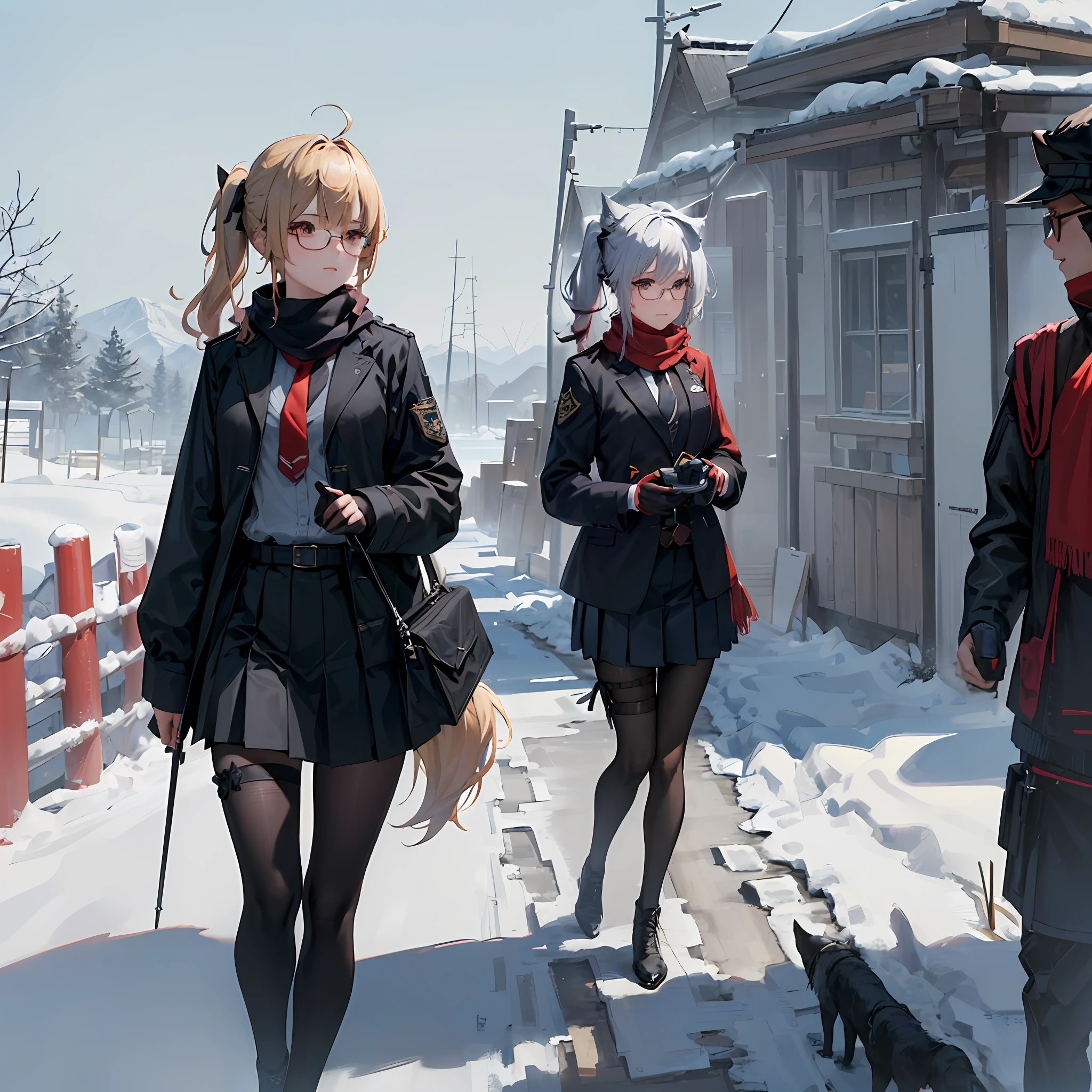 (Blonde side ponytail+Red bow+Slanted glasses+Slim+Sand-colored scarf+Long black tie+tie clip+White shirt+Black tactical chest hanging+Navy Blue Storm jacket+Navy blue pleated skirt+Combat boots+Black hip tights+Saber on the waist:1.2)|(eye glass)(akimbo+Raise an eyebrow)(On the peaks+Heavy snow+Mountain background+Wolf smoke in the distance)(quadratic element|Two-dimensional style)。