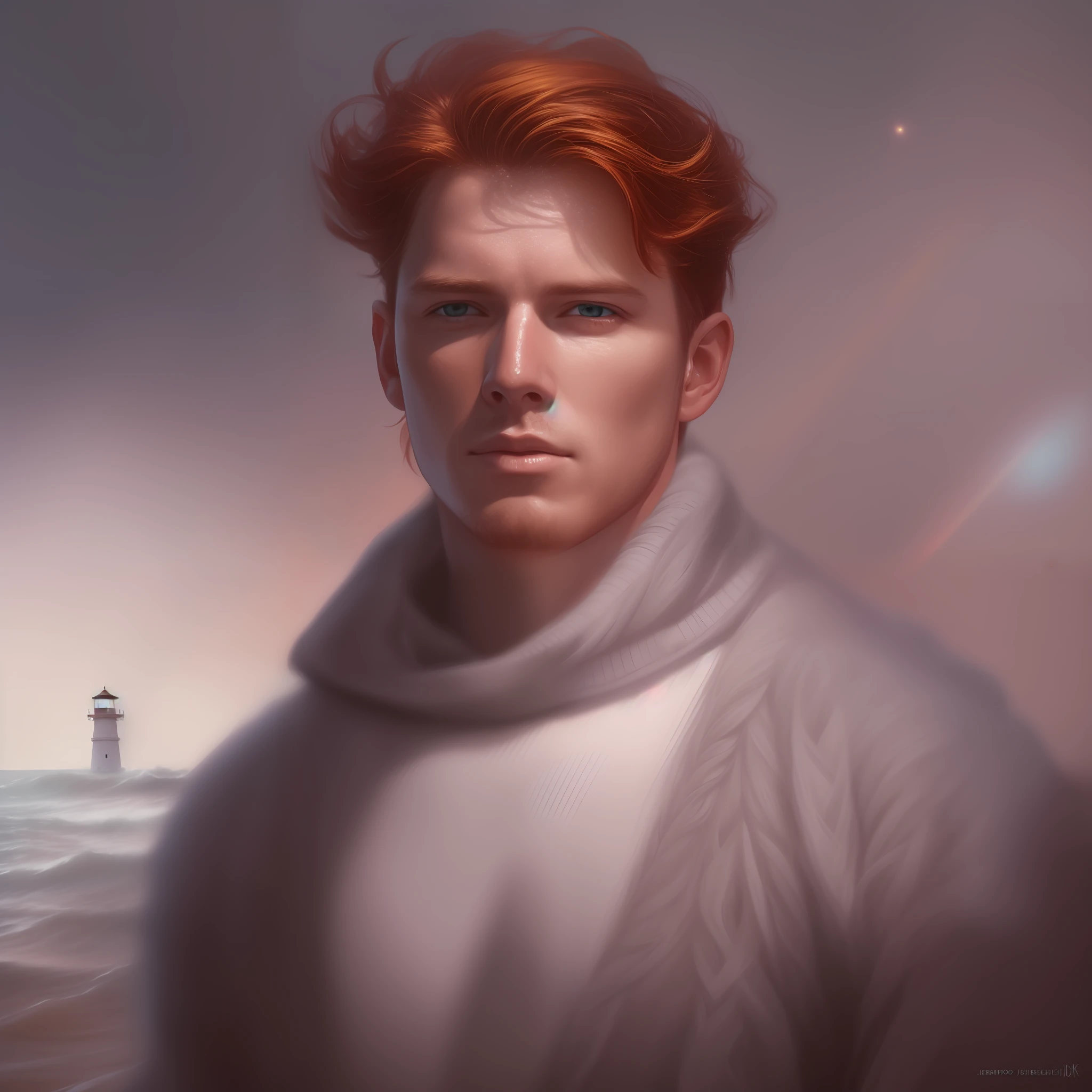 face portrait of a robust (red-haired young man: 1.3), (face focus: 1.5), (storm: 1.2), (waves: 1.3), ocean, (lighthouse background: 1.3) , (Jean Photo: 1.4), (White Turtleneck Knit Sweater: 1.3), Looking At Viewer, Realistic, Masterpiece, High Quality, Backlit, (Lens Flare: 1.1), (Bloom : 1.1), (chromatic aberration: 1.1), by Jeremy Lipking, by Antonio J. Manzanedo, digital painting