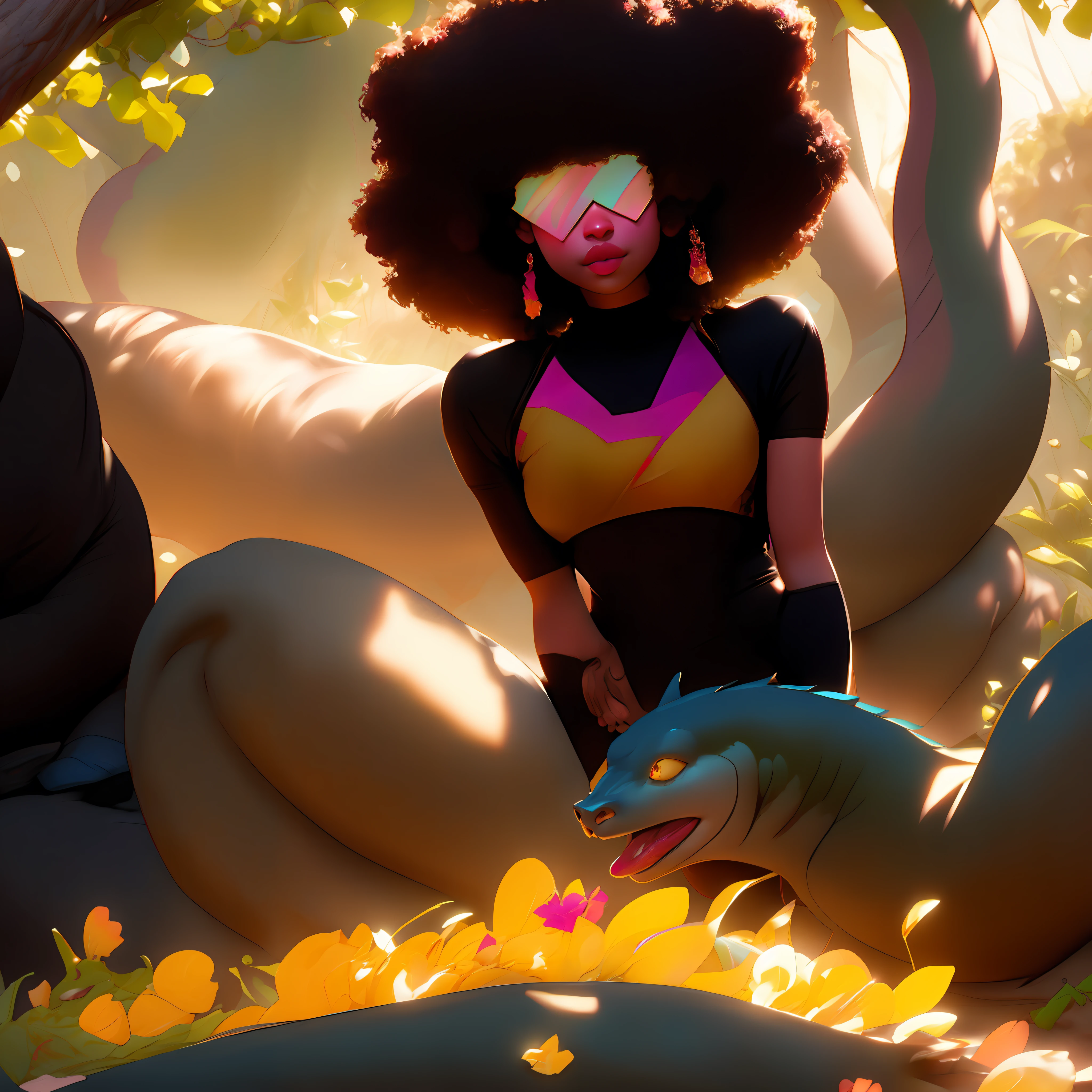 8k portrait of a beautiful woman, black curly hair in the shape of a square, lunettes cachant ses yeux, pouty lips, complexe, elegant, highly detailed, majestueux, digital photography, Art by Artgerm and Ruan Jia and Greg Rutkowski surrealist painting, Jungle, (Masterpiece, side lighting, finely detailed beautiful eyes: 1.2), Hdr, corps entier, Recumbent land, nuage, colourfull, lizard tail, Back tree-