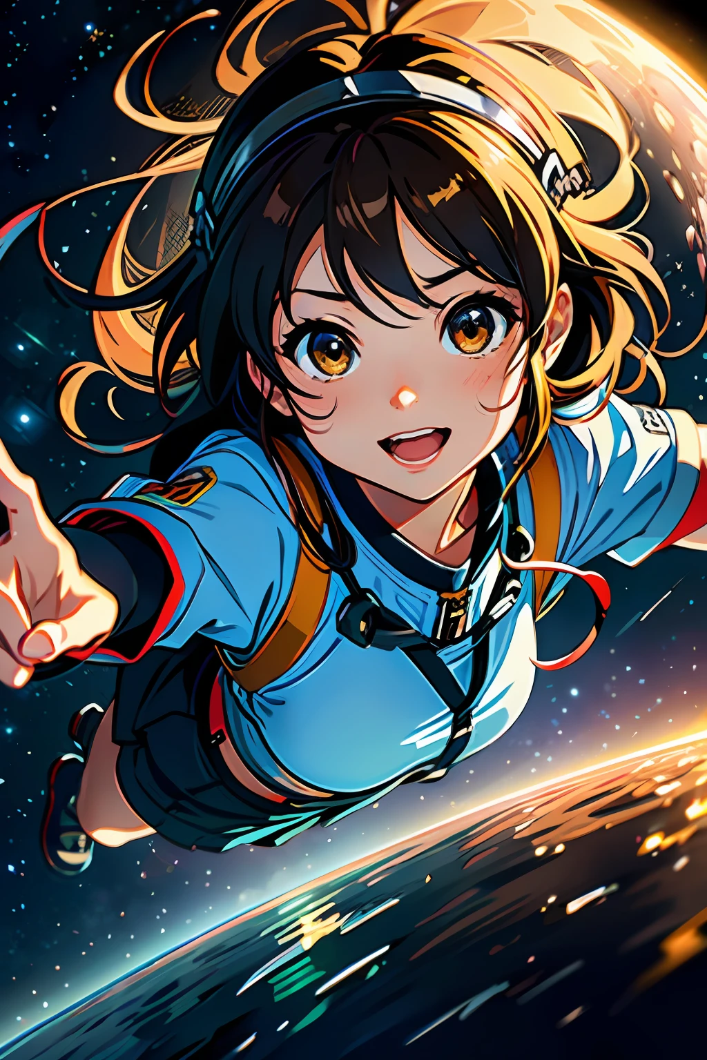 serene expression, mesmerizing eyes, vibrant colors, reflection, painterly effect, ultra detailed, official art, unity 8k wallpaper, masterpiece, (best quality:1.2), high quality, (((photoreal)), cinematic direction, (high contrast), depth of field, (award-winning difference photo), face detail, detailed drawing, ((high quality)), ((masterpiece)), 8k, light rays, extremely detailed CG unity 8k wallpaper, Extremely high quality detailed close-up picture of suzumiya haruhi, Looks happy and amazed, focuses on her upper body. She is in a realistic detailed and highest quality astronaut helmet and astronaut suit. standing on the moon. A realistic detailed and highest quality earth reflection is on her helmet. Detailed highest quality realistic hand. Extremely Detailed highest quality suzumiya haruhi's face, excitement, happiness, amazement. Enhanced quality.