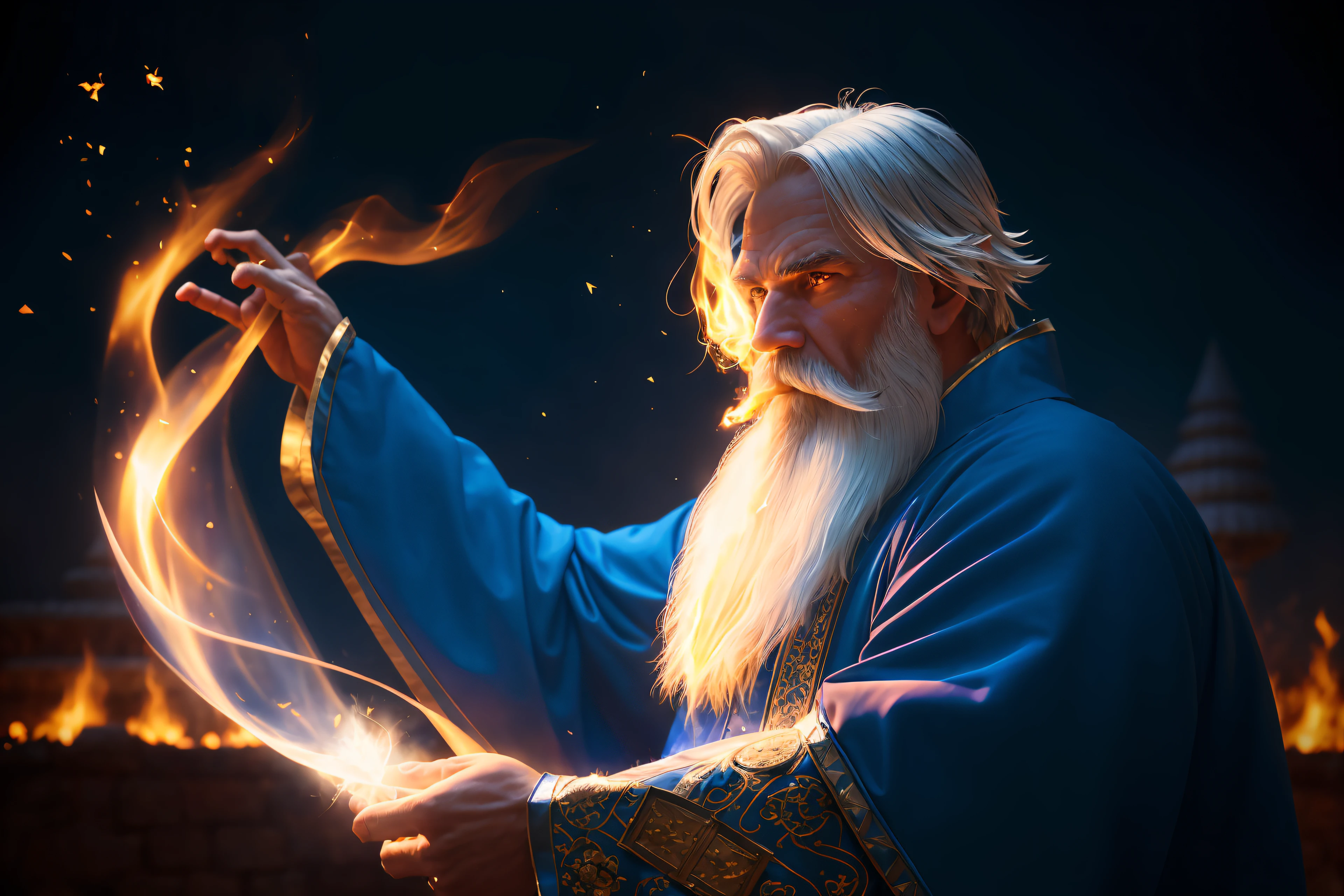 1 man, wizard, blue royal robe, old, white long beard,  wind, glowing magic aura, fire, smoke, dust, temple, dynamic pose, dynamic view
medival, (Highest quality:1.3), cinematic shot, masterpiece, (sharp focus:1.5), (photorealistic:1.3),   detailed background,  high contrast, high key, 
analog style, volumetric lighting, intricate details, UHD, film grains,