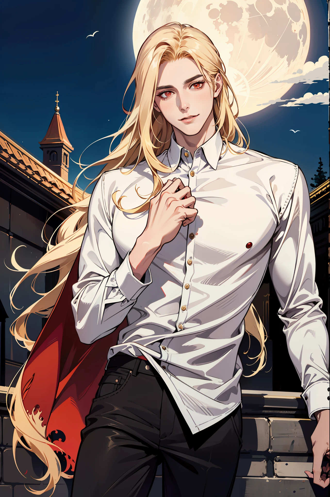 (absurdres, highres, ultra detailed), 1man, 30 years old man, adult man, handsome, tall,, finely detailed eyes and detailed face, leather pants, (((white shirt))), night, smile, dutch angle, ((long hair, blonde hair)), moon, gold details, gothic, vampire, vampire prince, dark, simple clothes, looking at the view, pale skin, red detailed eyes, (masculine), sexy, elegant, long bangs, detailed hands, (((red eyes)))